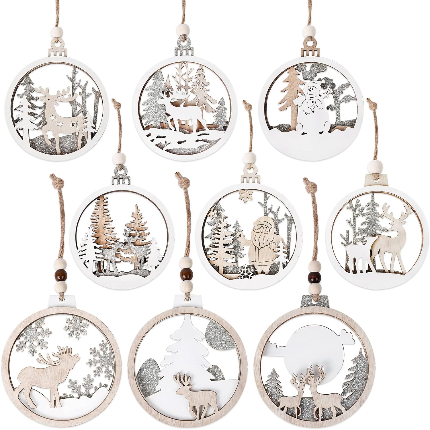 Wooden Christmas Ornaments, Christmas Tree Hanging Decoration Wooden Cutouts, Paintable Hanging Home Holiday Christmas Ornaments with String, 9 Styles (Round Christmas Ornaments)