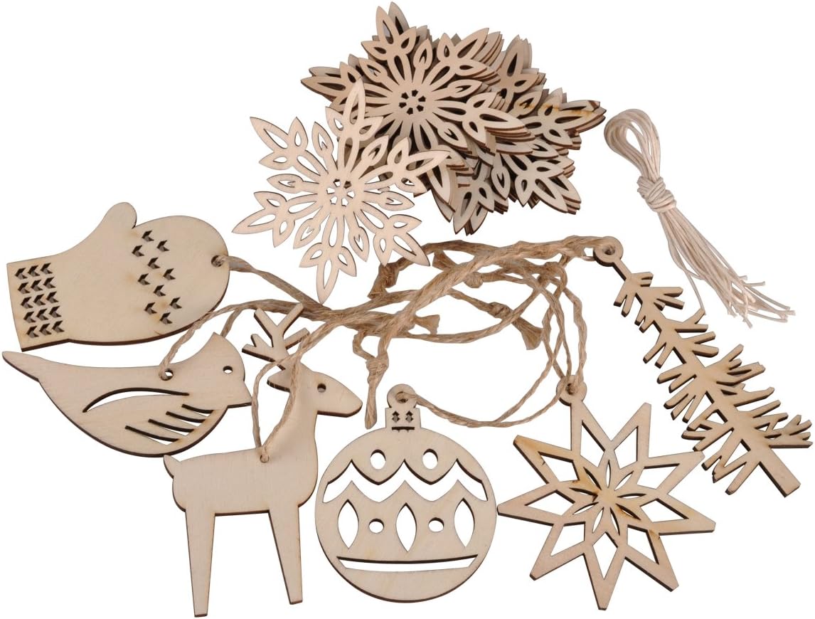 Wooden Christmas Ornaments for Craft, Xmas Tree Hanging Tags Pendant Embellishments Crafts Decor for Christmas Tree Holiday Decorations Wedding Day Gift, Pack of 16
