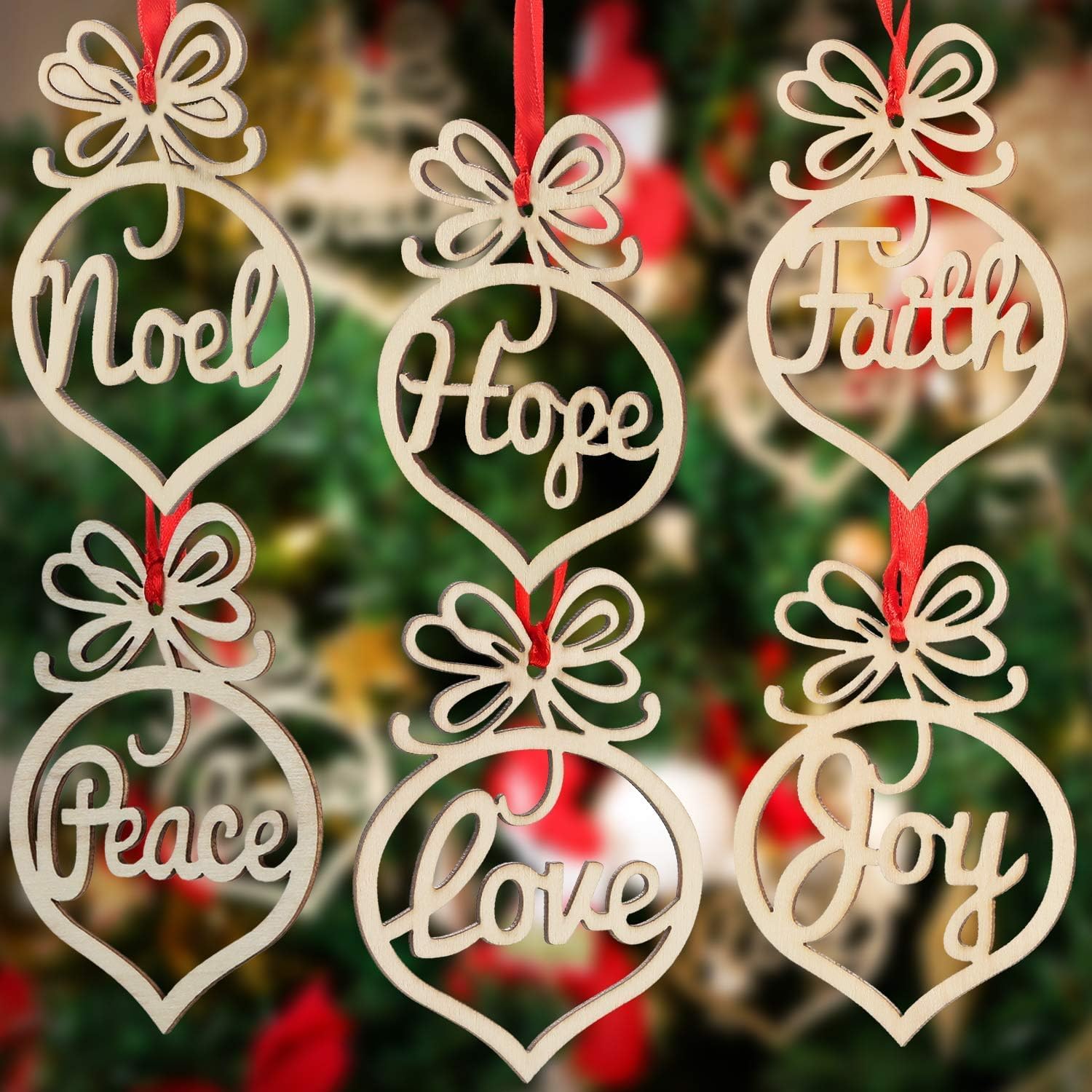 Wooden Christmas Ornaments Xmas Tree Hanging Tags Pendant Embellishments Crafts Decor for Christmas Tree Holiday Wedding Decorations with Strings, Pack of 12