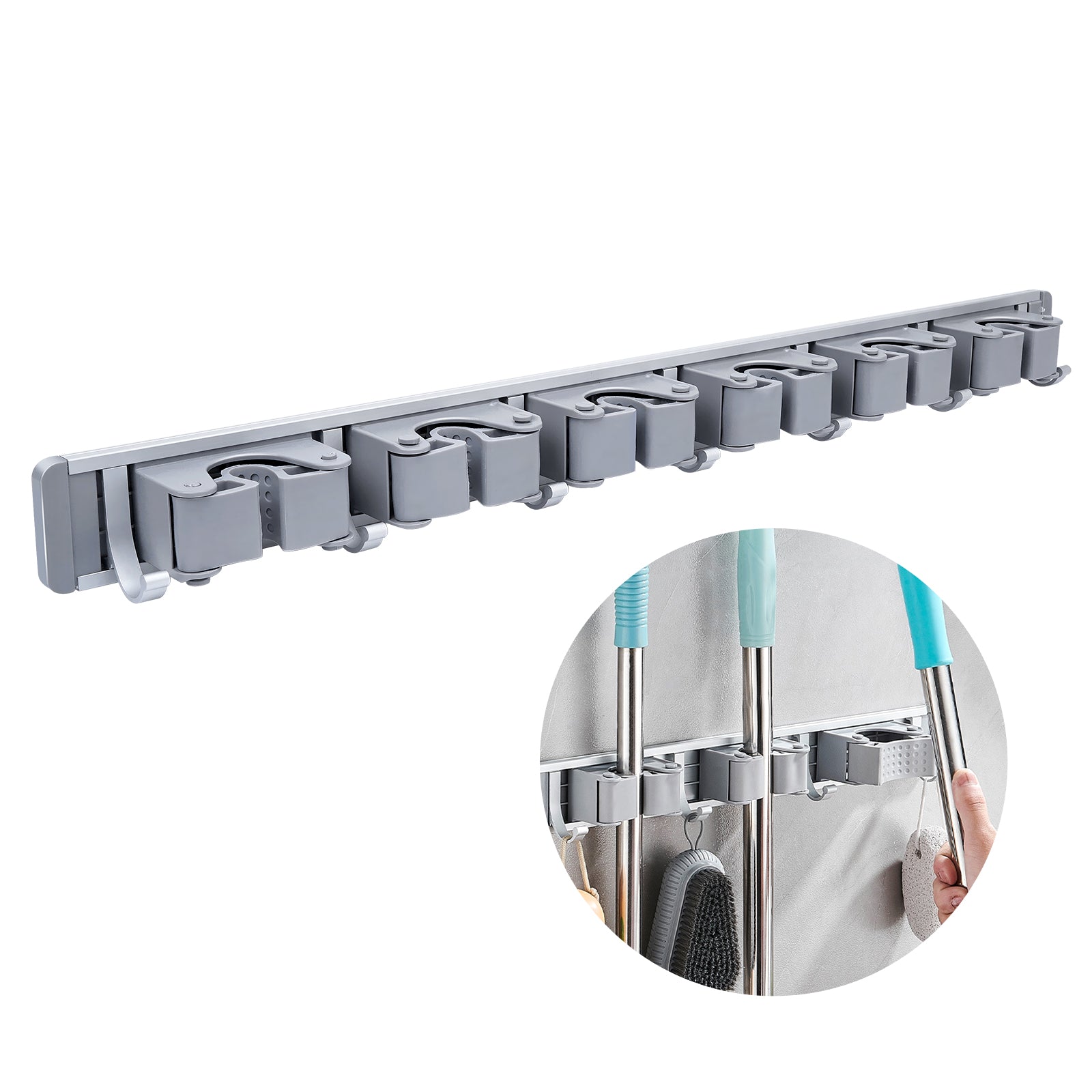 Keepow Broom Mop Metal Holder Wall Hook(6 Racks with 7 Hooks, Silver)