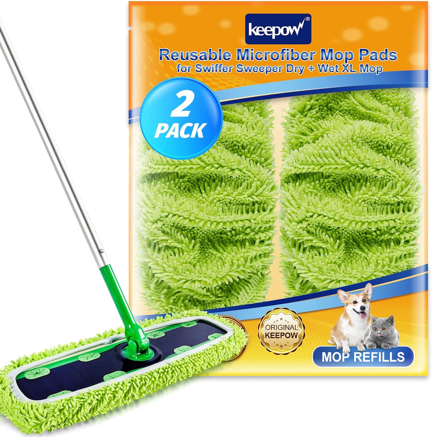 KEEPOW 5702M Reusable XL Wet Pads Refills for Swiffer XL Mop Sweeper, X-Large Dry-Sweeping/Wet-Mopping Microfiber Cloths, 2 Pack