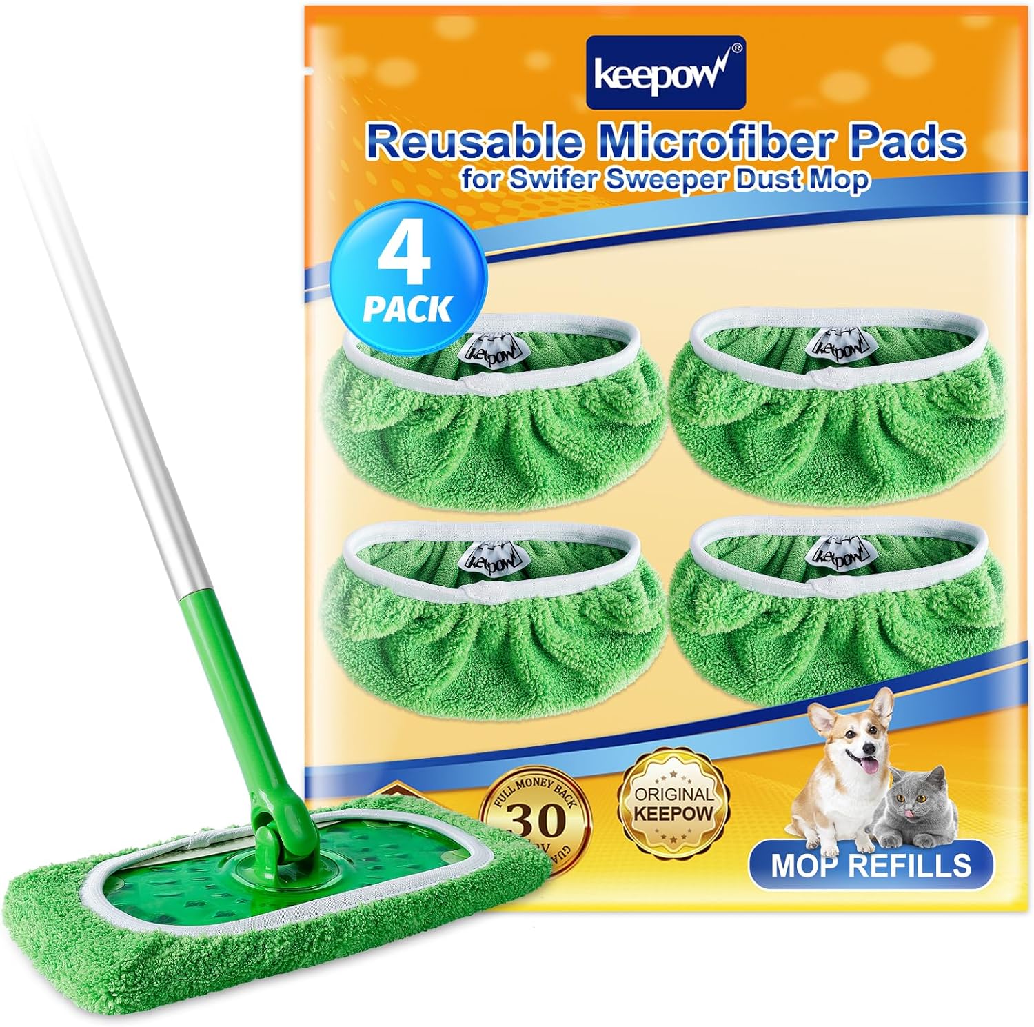 KEEPOW 5701M Green Cotton Pads for All 10-12 Inches Flat Mop 4 Pcs