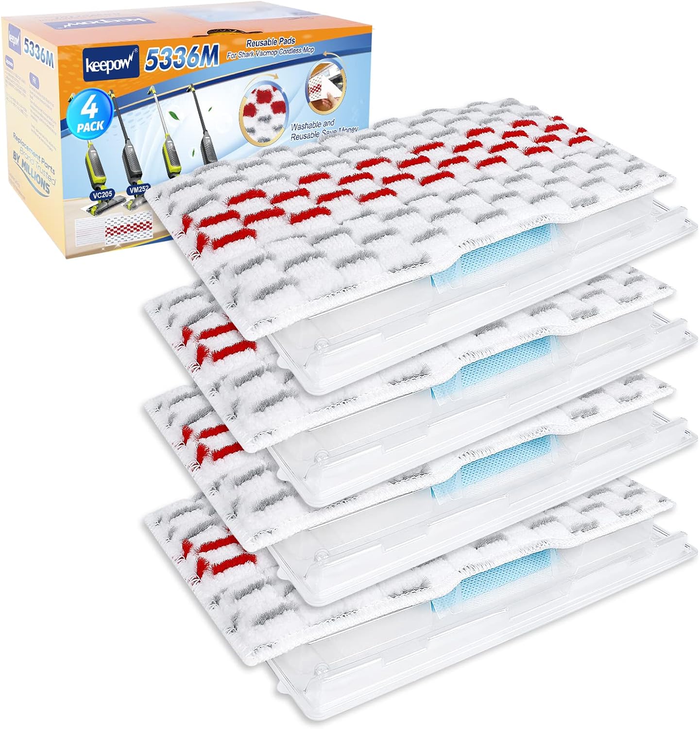 KEEPOW 5336M Reusable Vacmop Replacement Pads Refills Red For Shark, 4 Pack