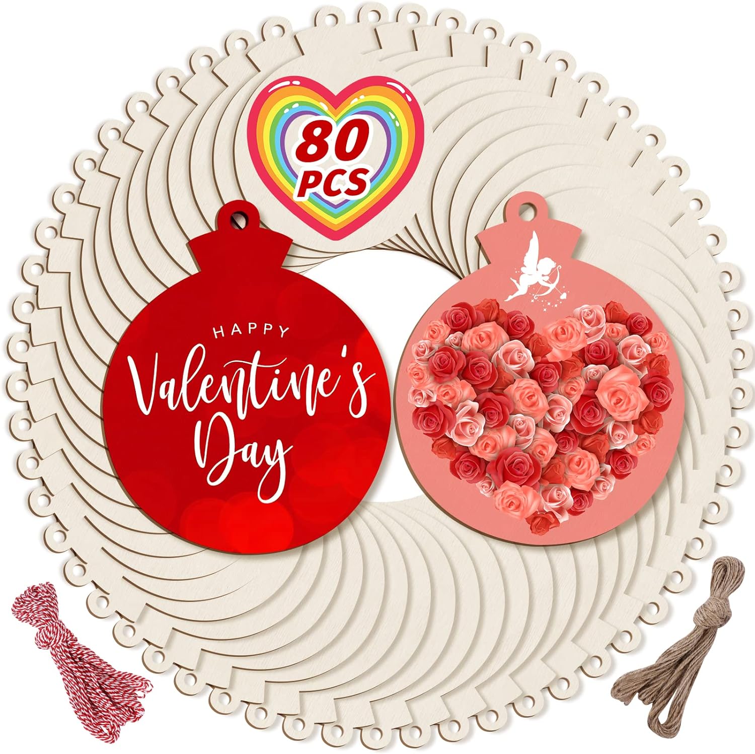 80PCS Valentines Day Wooden Ornaments for Crafts, 4" Valentine Ornaments for Tree, Unfinished Wood Slices 4 inch Circles Rounds Discs for Christmas's Day Decorations