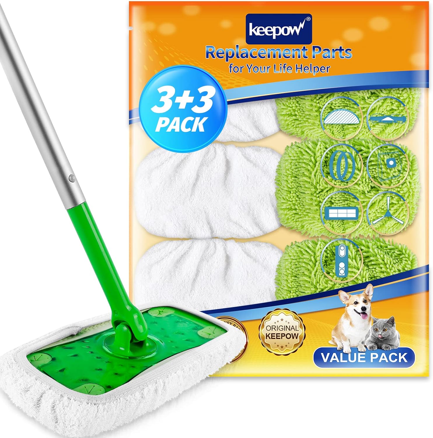 KEEPOW 5701M Panni riutilizzabili per mop, panni per pavimenti asciutti per Swiffer Sweeper Mop 3+3 pezzi(bianco + verde)