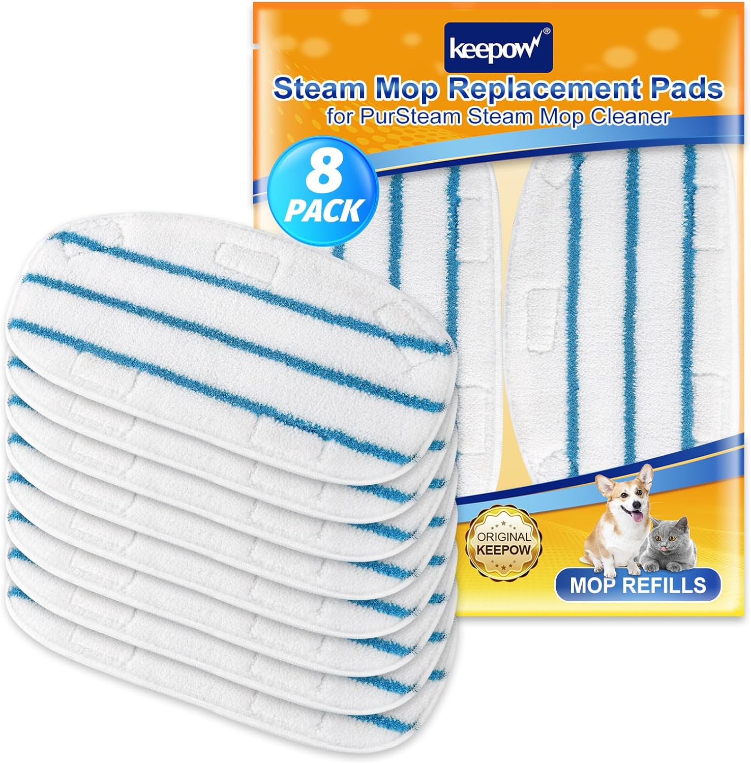 KEEPOW 5001M 11.8*6.29 Inches Microfiber Pads for Steam Mop 8 Pcs