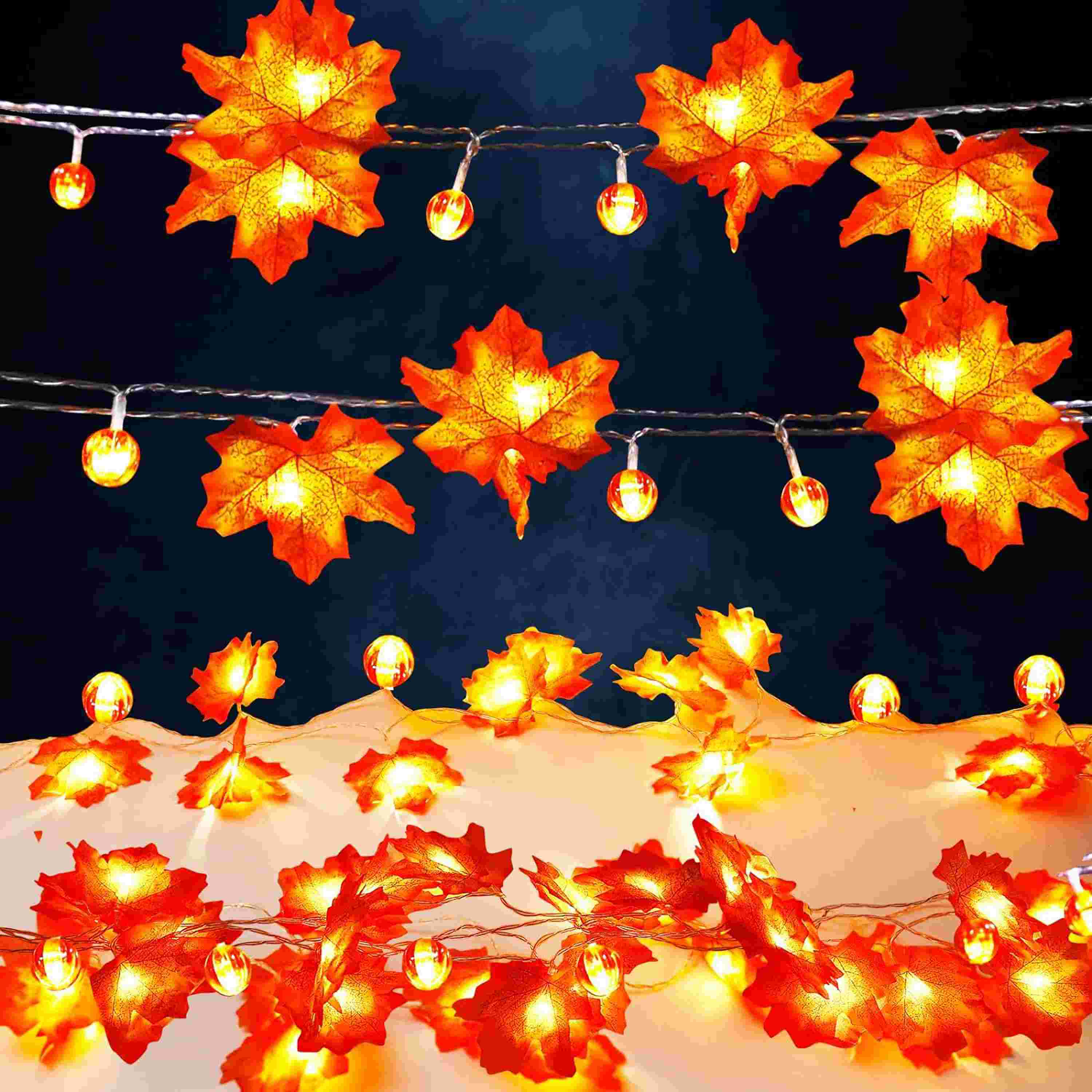Thanksgiving String Lights 30FT 60LED Pumpkin Maple Leaf String Lights Battery Operated