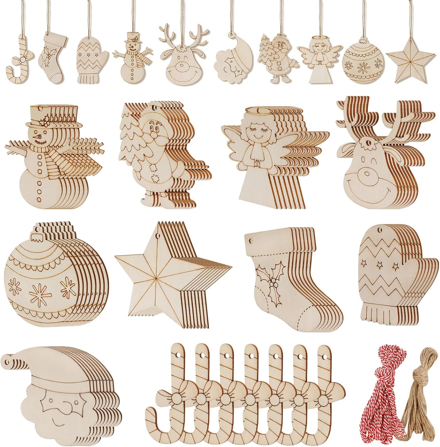 Christmas Crafts for Kids Unfinished Wooden Slices for Holiday Hanging Decorations 10Style 80Pcs