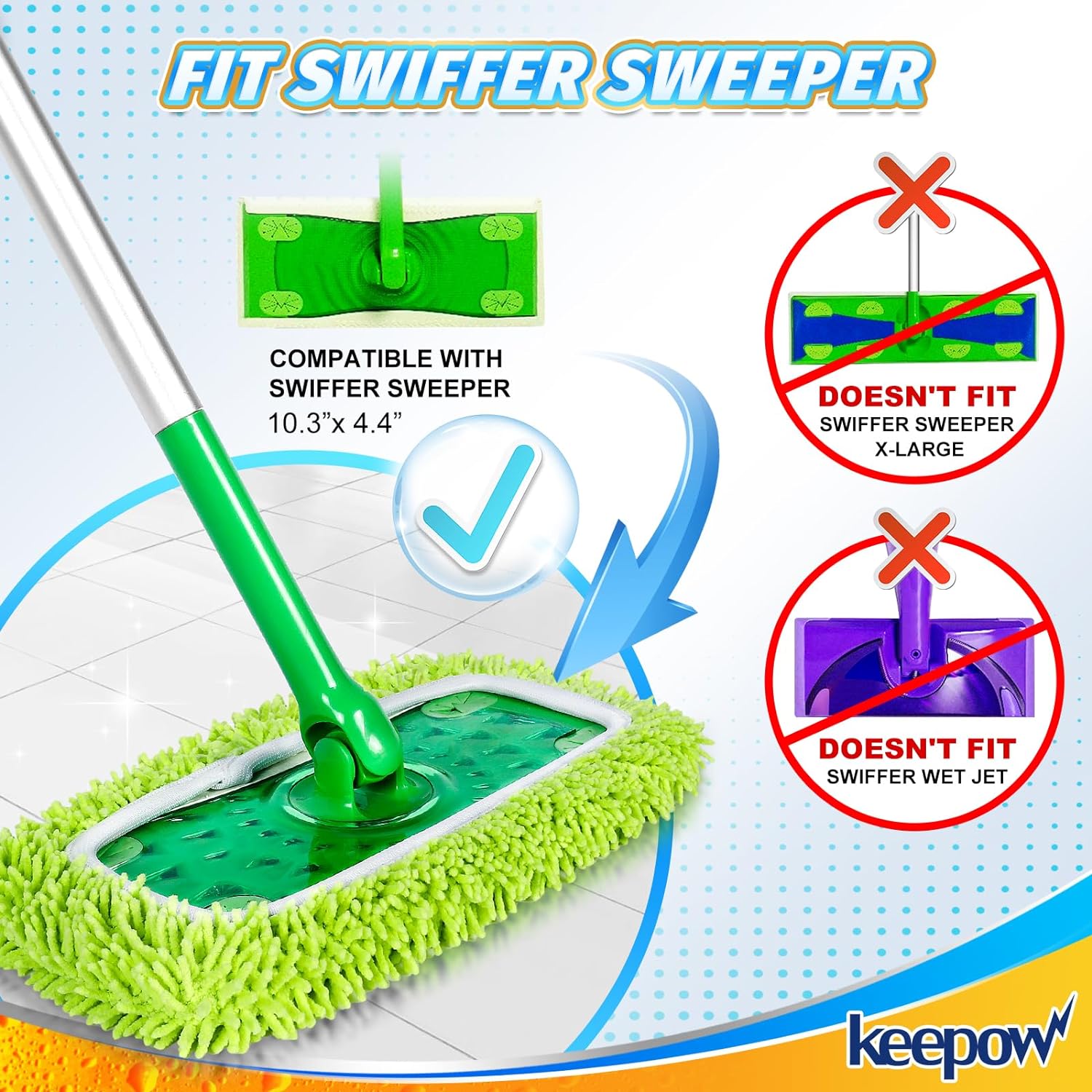 KEEPOW 5701M Reusable Microfiber Mop Pads Compatible with Swiffer Sweeper Mop 8 Pack