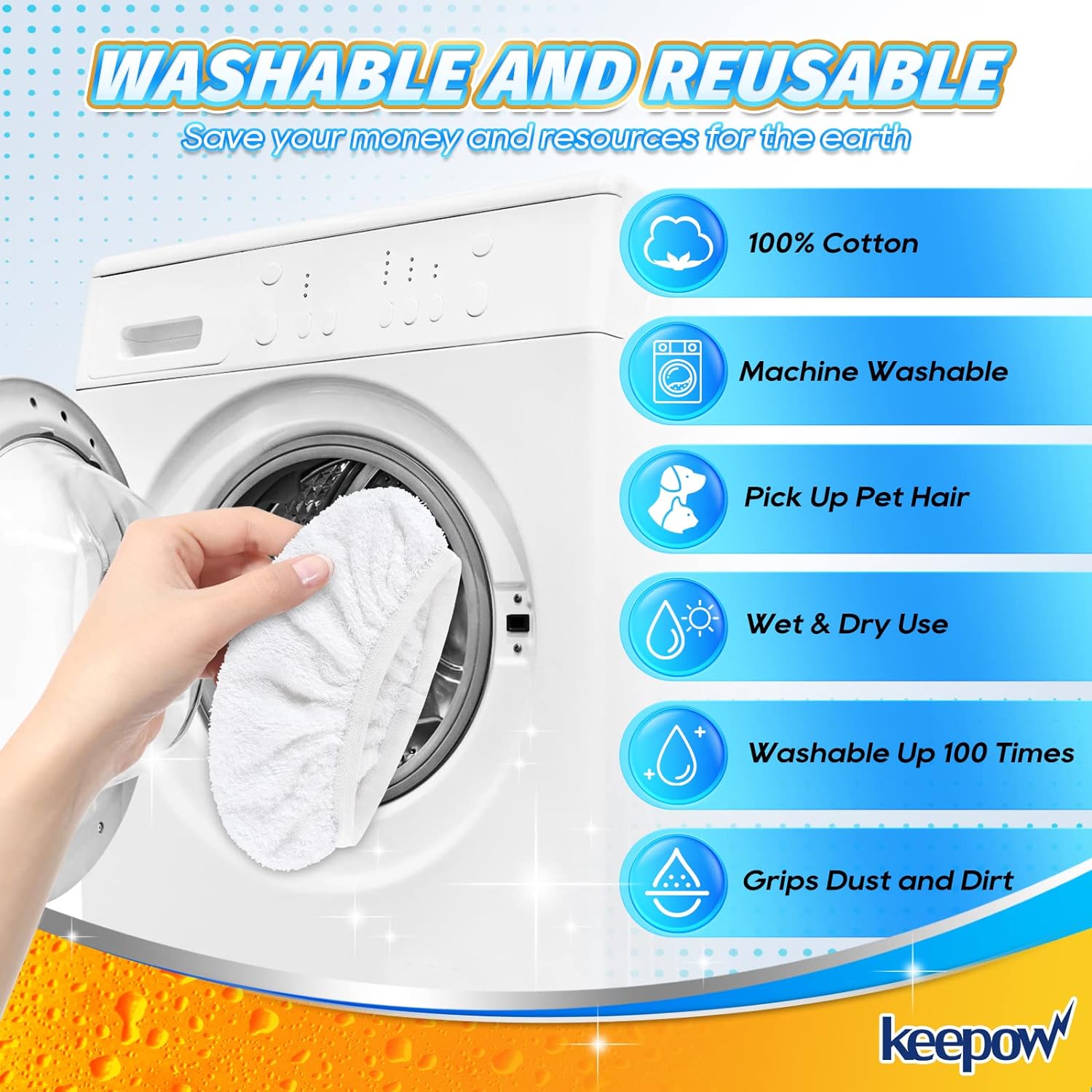 KEEPOW 5701M 8 Pcs Reusable White Pads for Swiffer