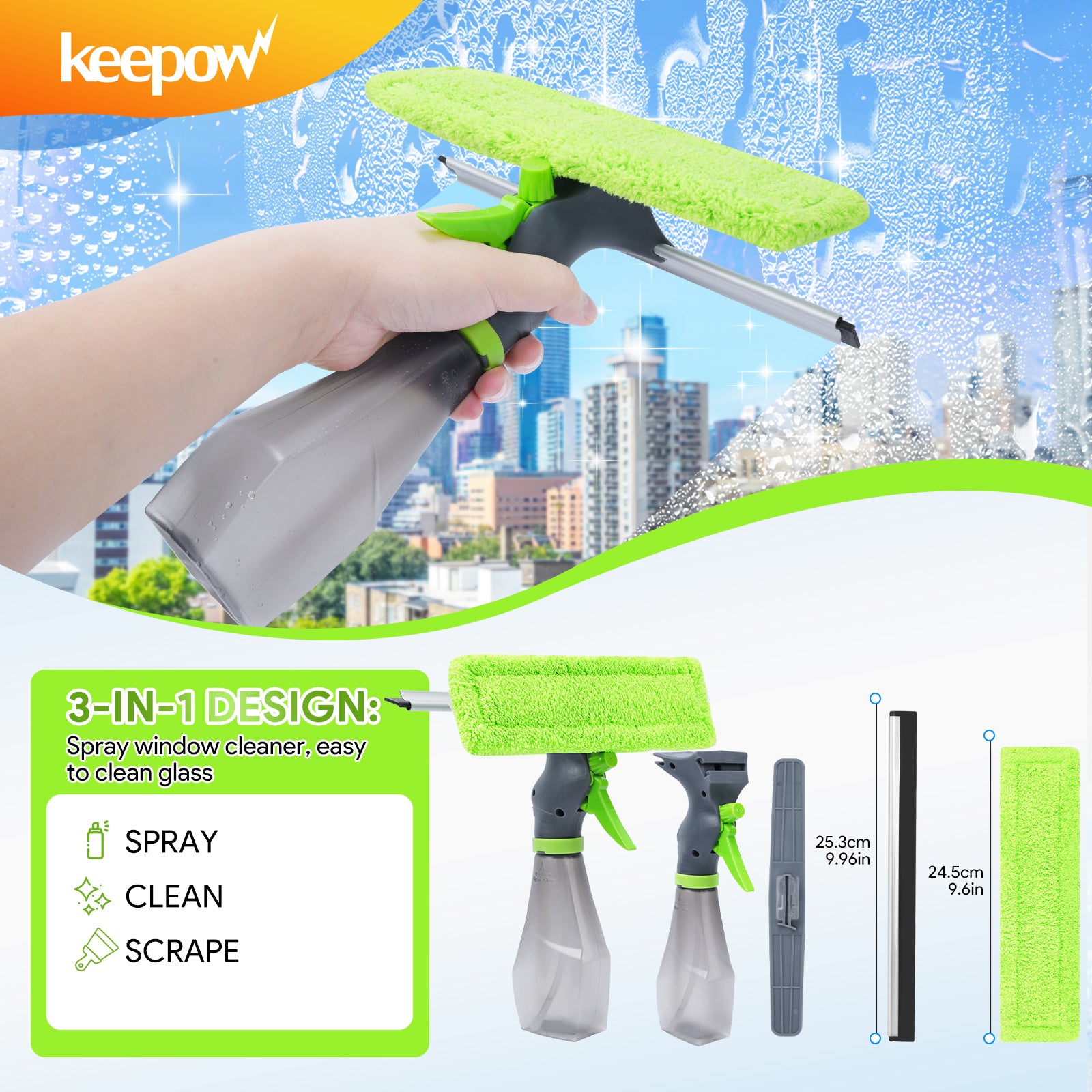 KEEPOW Multifunction Window Cleaner Tool Kit with Spray Bottle, Squeegee, and Microfiber Washer Head