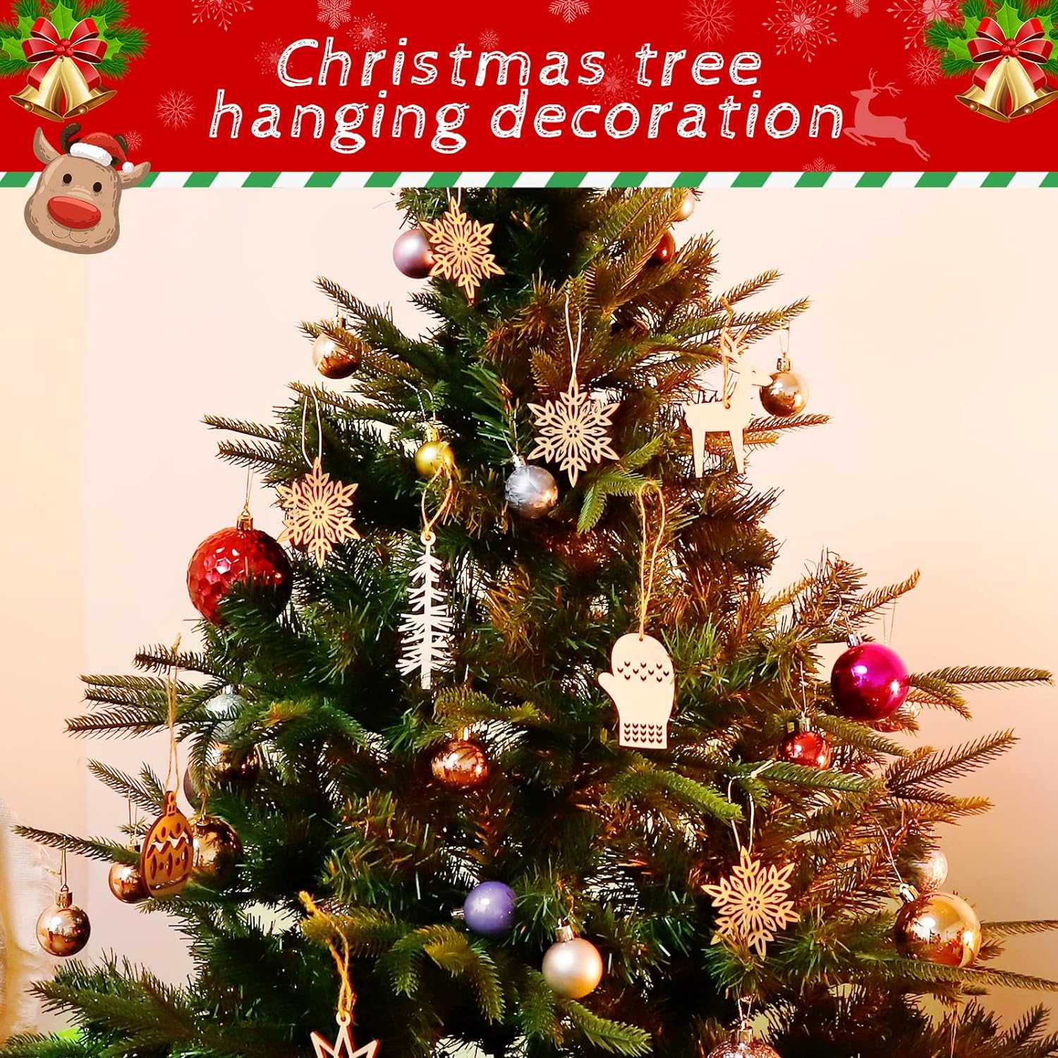 Wooden Christmas Ornaments for Craft, Xmas Tree Hanging Tags Pendant Embellishments Crafts Decor for Christmas Tree Holiday Decorations Wedding Day Gift, Pack of 16