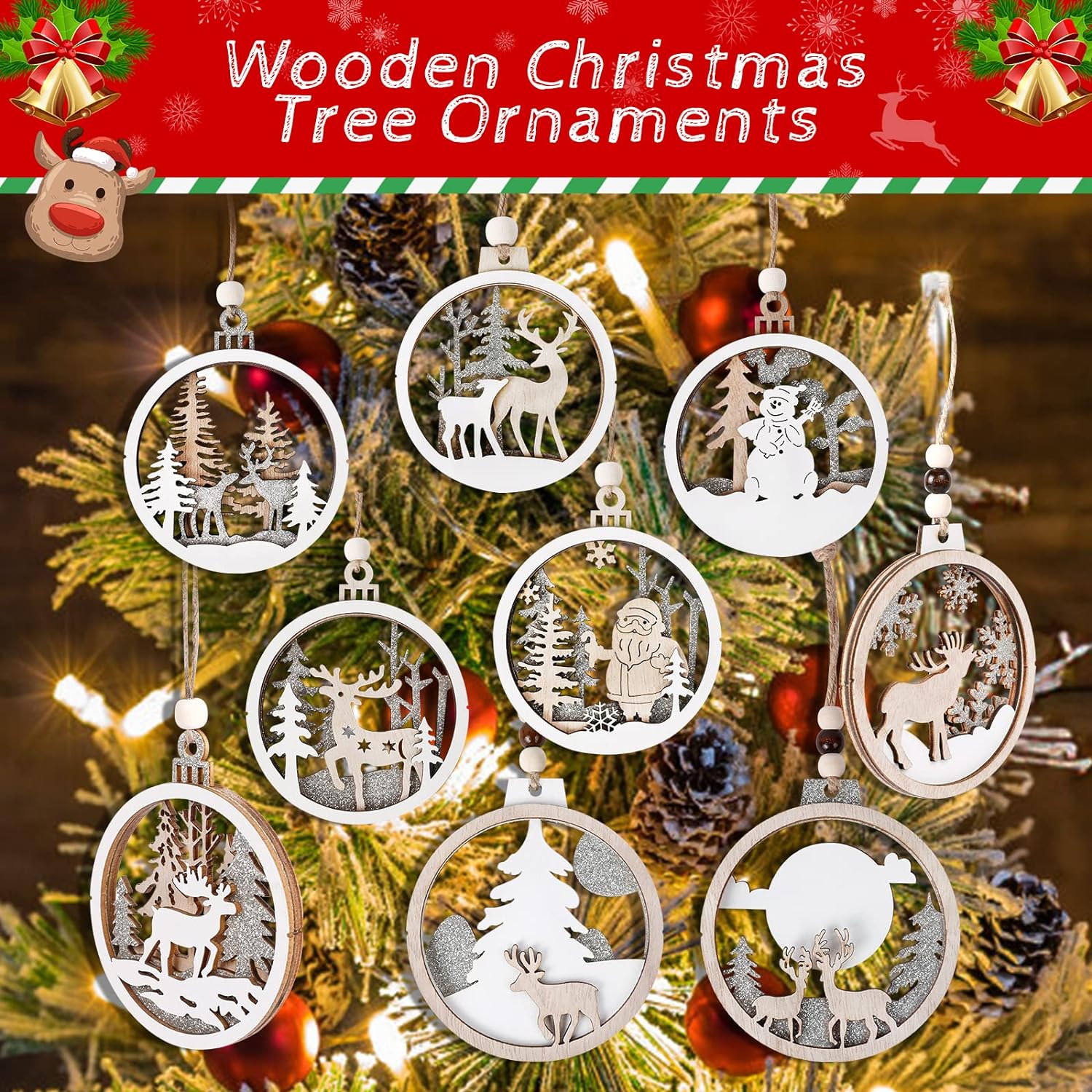 Wooden Christmas Ornaments, Christmas Tree Hanging Decoration Wooden Cutouts, Paintable Hanging Home Holiday Christmas Ornaments with String, 9 Styles (Round Christmas Ornaments)