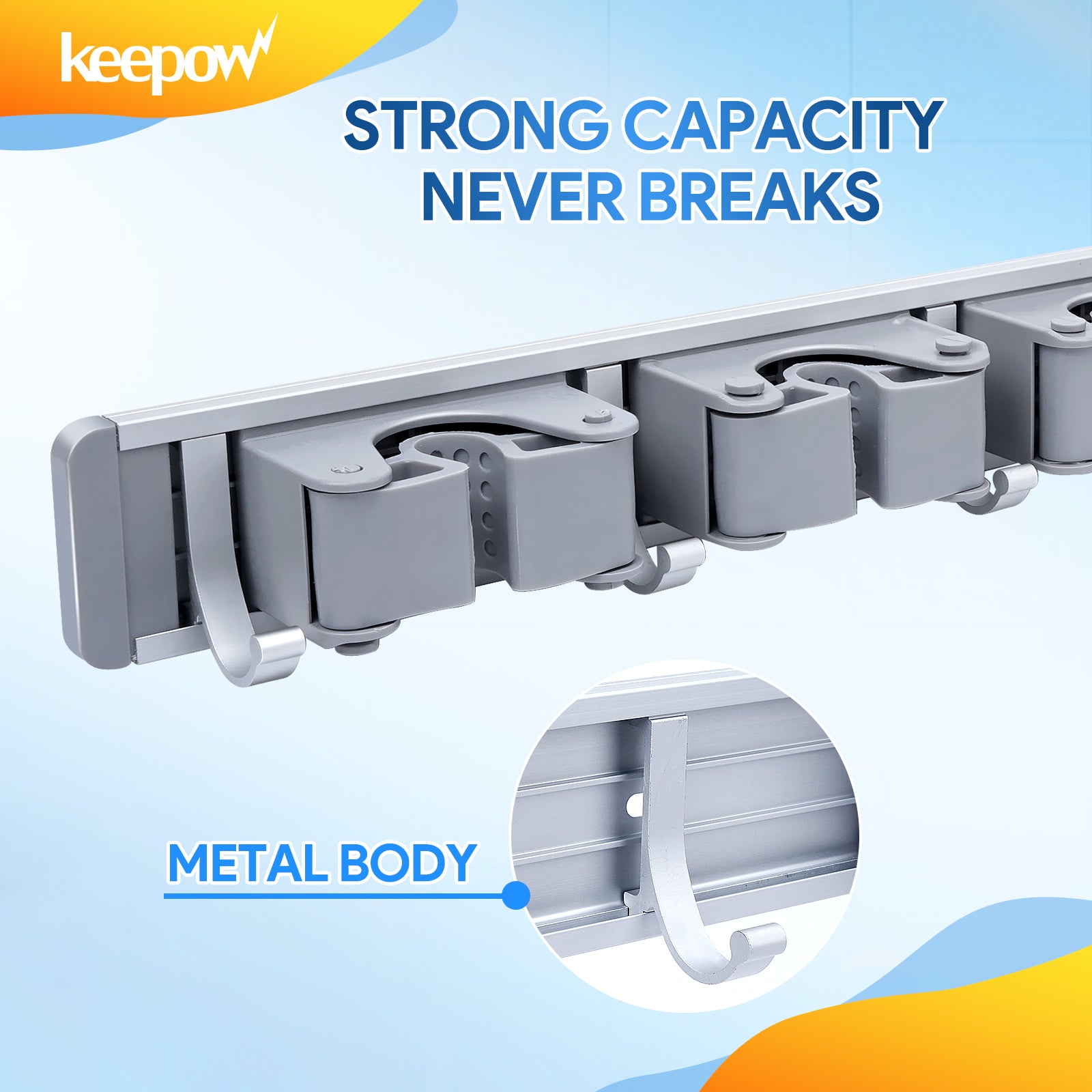 Keepow Broom Mop Metal Holder Wall Hook(6 Racks with 7 Hooks, Silver)