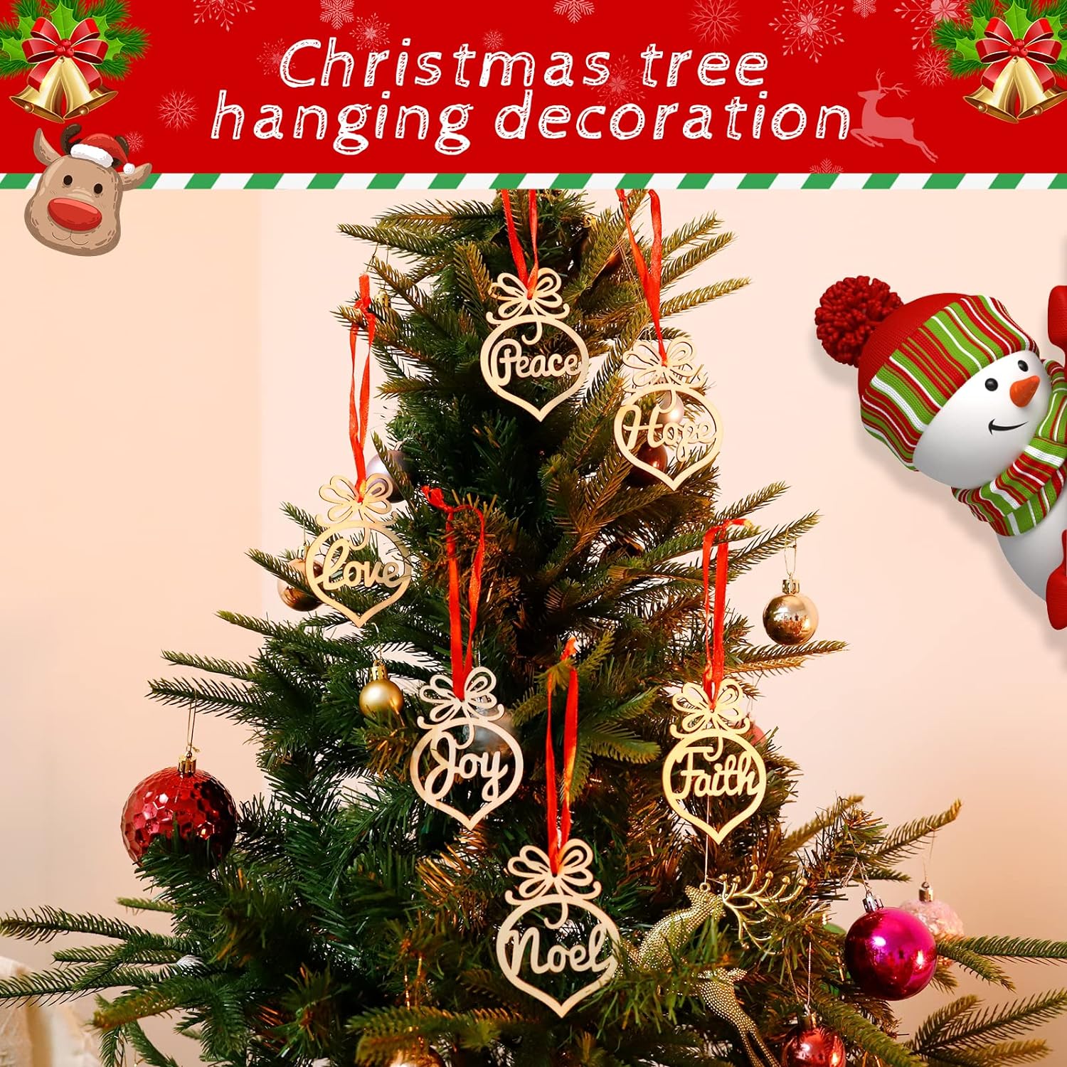 Wooden Christmas Ornaments Xmas Tree Hanging Tags Pendant Embellishments Crafts Decor for Christmas Tree Holiday Wedding Decorations with Strings, Pack of 12