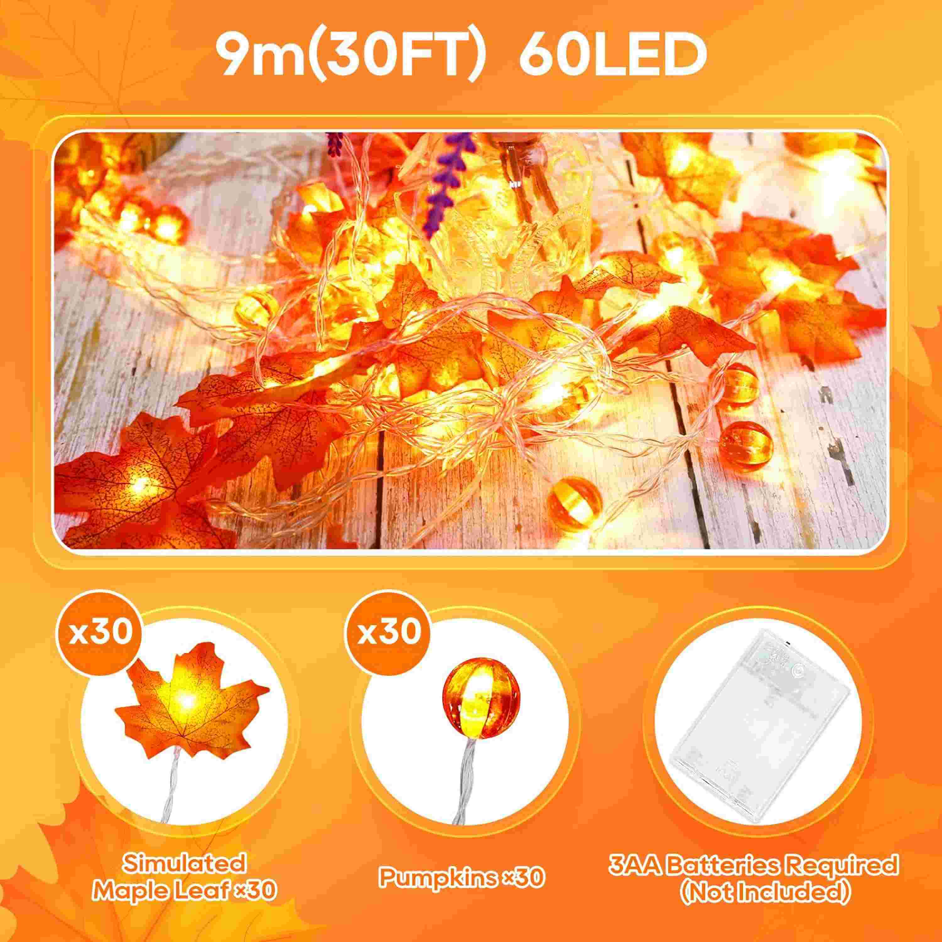 Thanksgiving String Lights 30FT 60LED Pumpkin Maple Leaf String Lights Battery Operated