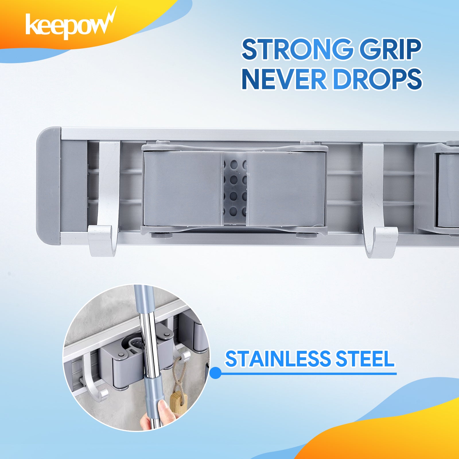 Keepow Broom Mop Metal Holder Wall Hook(6 Racks with 7 Hooks, Silver)
