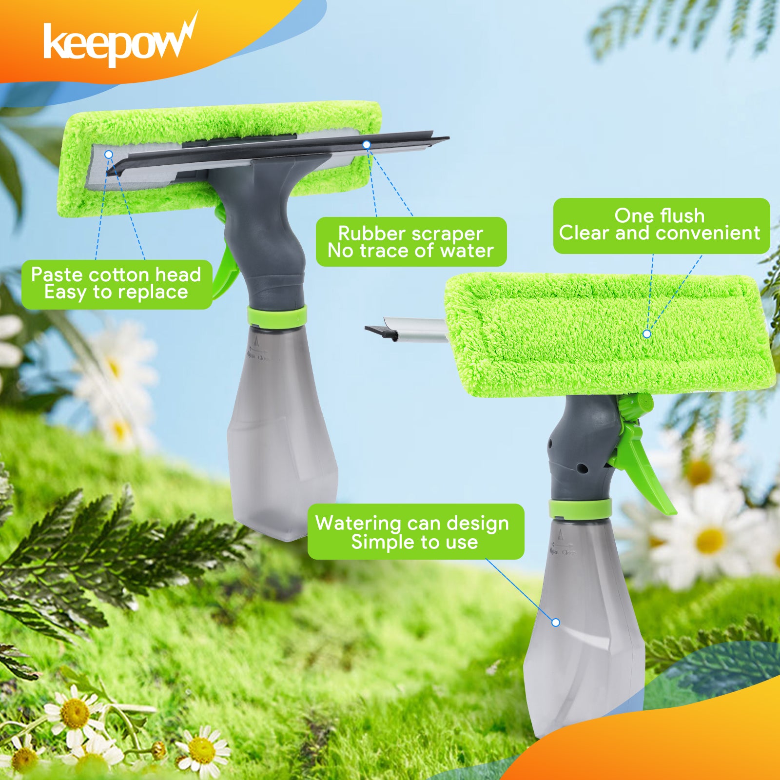 KEEPOW Multifunction Window Cleaner Tool Kit with Spray Bottle, Squeegee, and Microfiber Washer Head