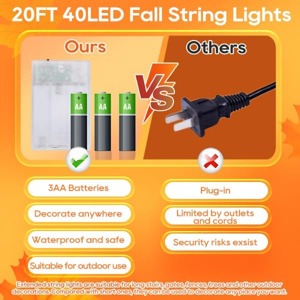 Thanksgiving String Lights 20FT 40LED Maple Leaf Garland with String Lights Battery Operated