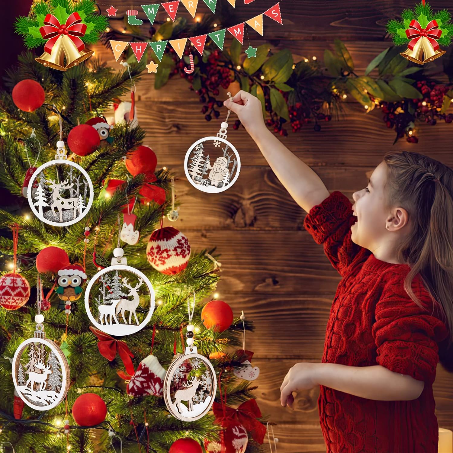 Wooden Christmas Ornaments, Christmas Tree Hanging Decoration Wooden Cutouts, Paintable Hanging Home Holiday Christmas Ornaments with String, 9 Styles (Round Christmas Ornaments)