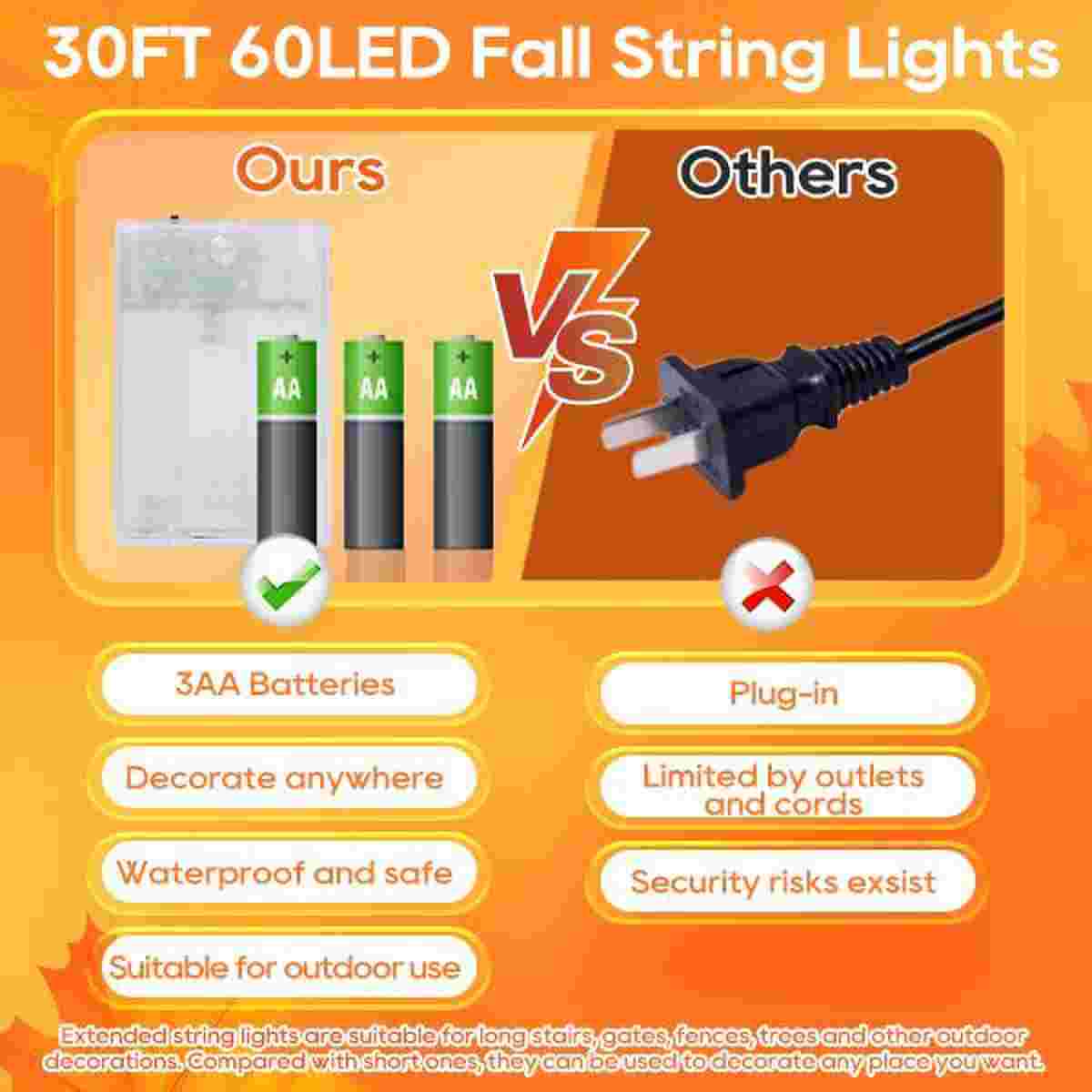 Thanksgiving String Lights 30FT 60LED Pumpkin Maple Leaf String Lights Battery Operated
