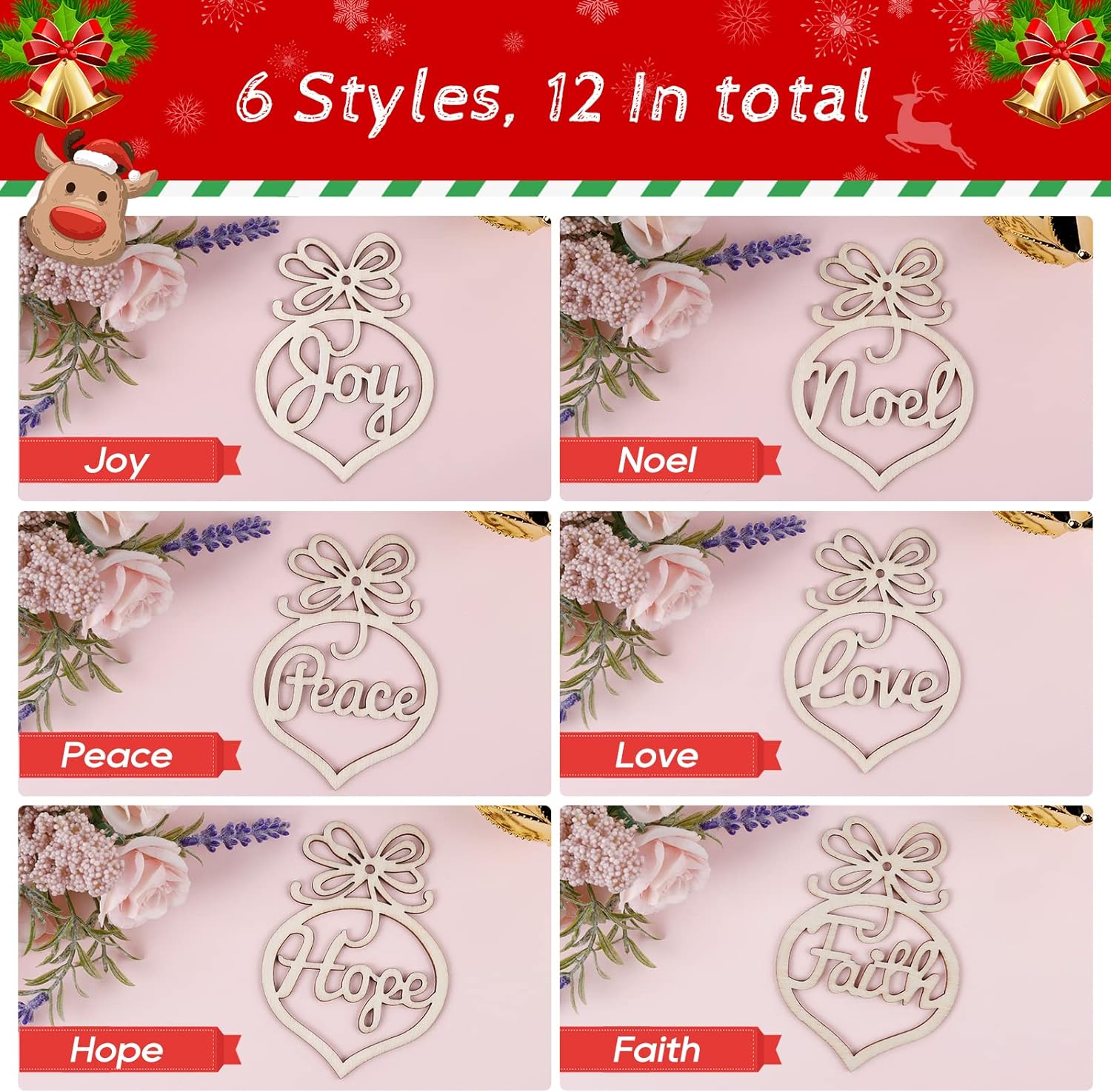 Wooden Christmas Ornaments Xmas Tree Hanging Tags Pendant Embellishments Crafts Decor for Christmas Tree Holiday Wedding Decorations with Strings, Pack of 12