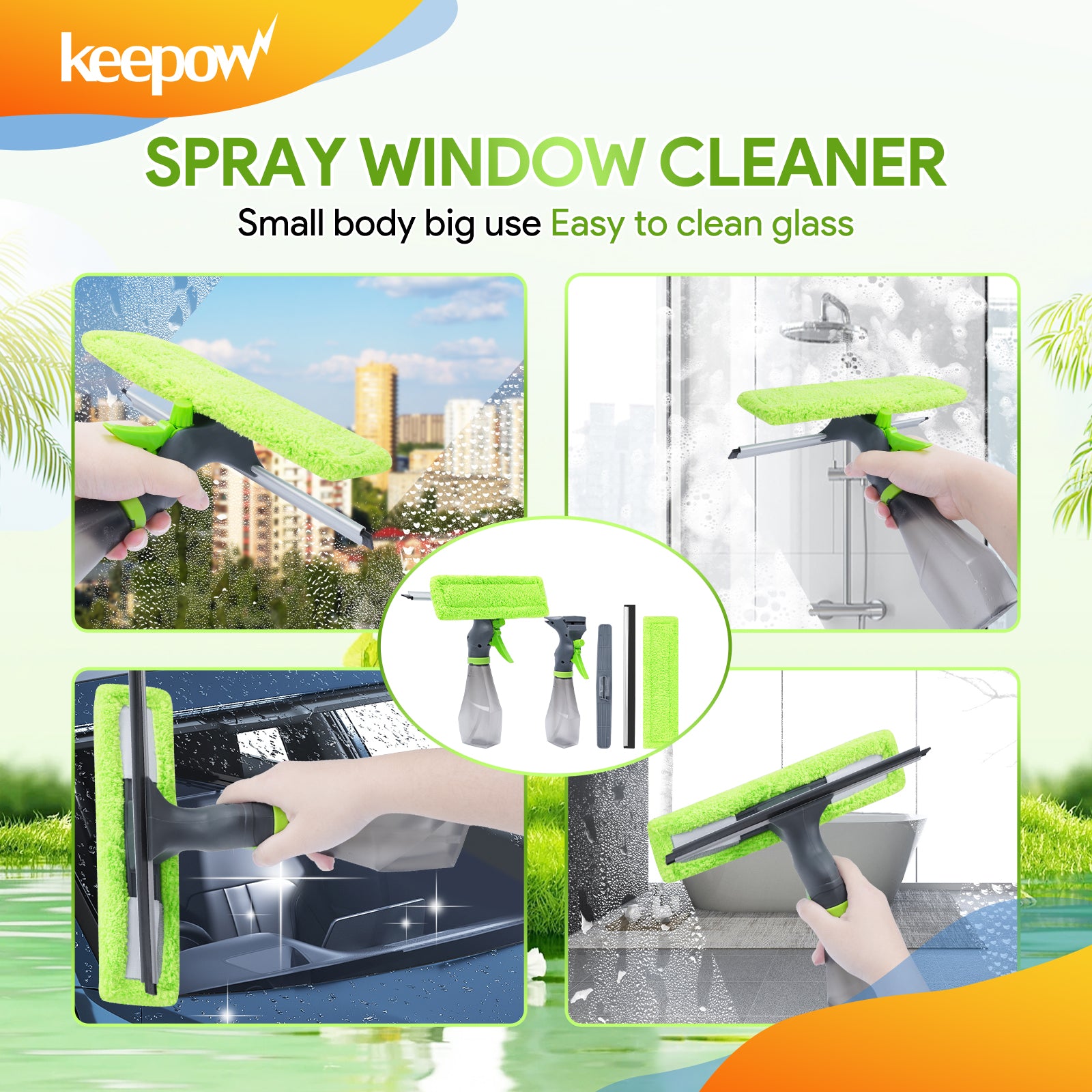 KEEPOW Multifunction Window Cleaner Tool Kit with Spray Bottle, Squeegee, and Microfiber Washer Head