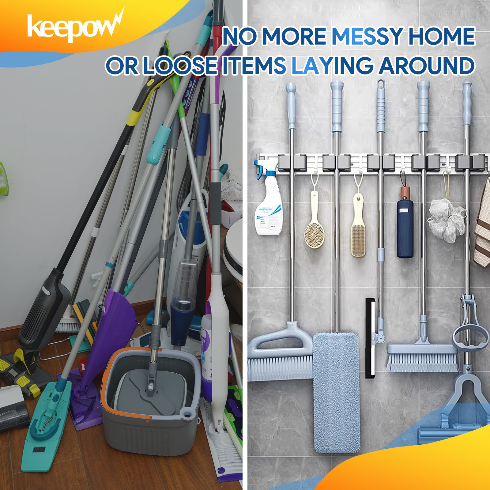 Keepow Broom Mop Metal Holder Wall Hook(6 Racks with 7 Hooks, Silver)