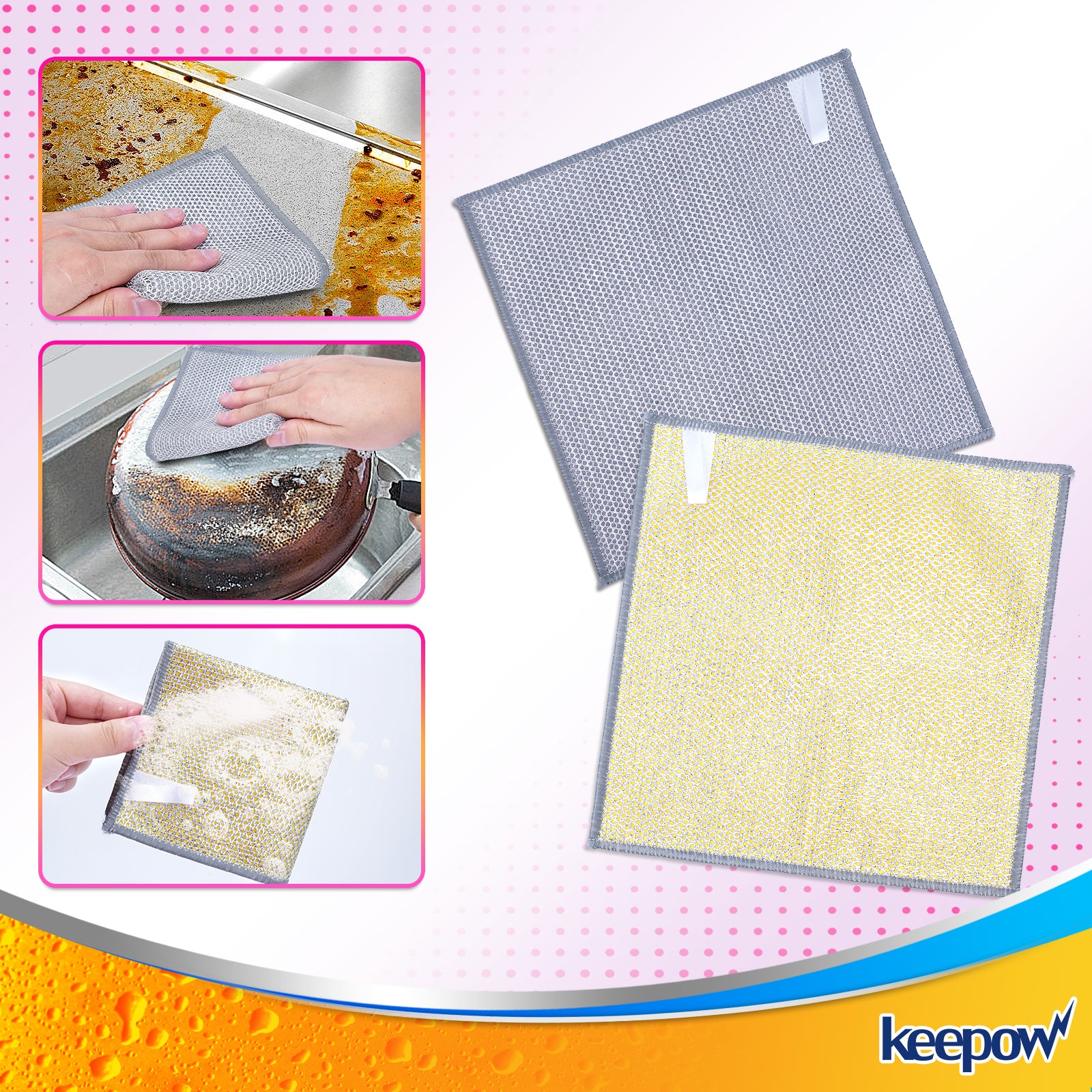 Keepow Double Layer Coconut Shell Silver Wire Mesh Knit Cleaning Cloth (4 pink + 4 gray + 4 yellow) 25*25cm