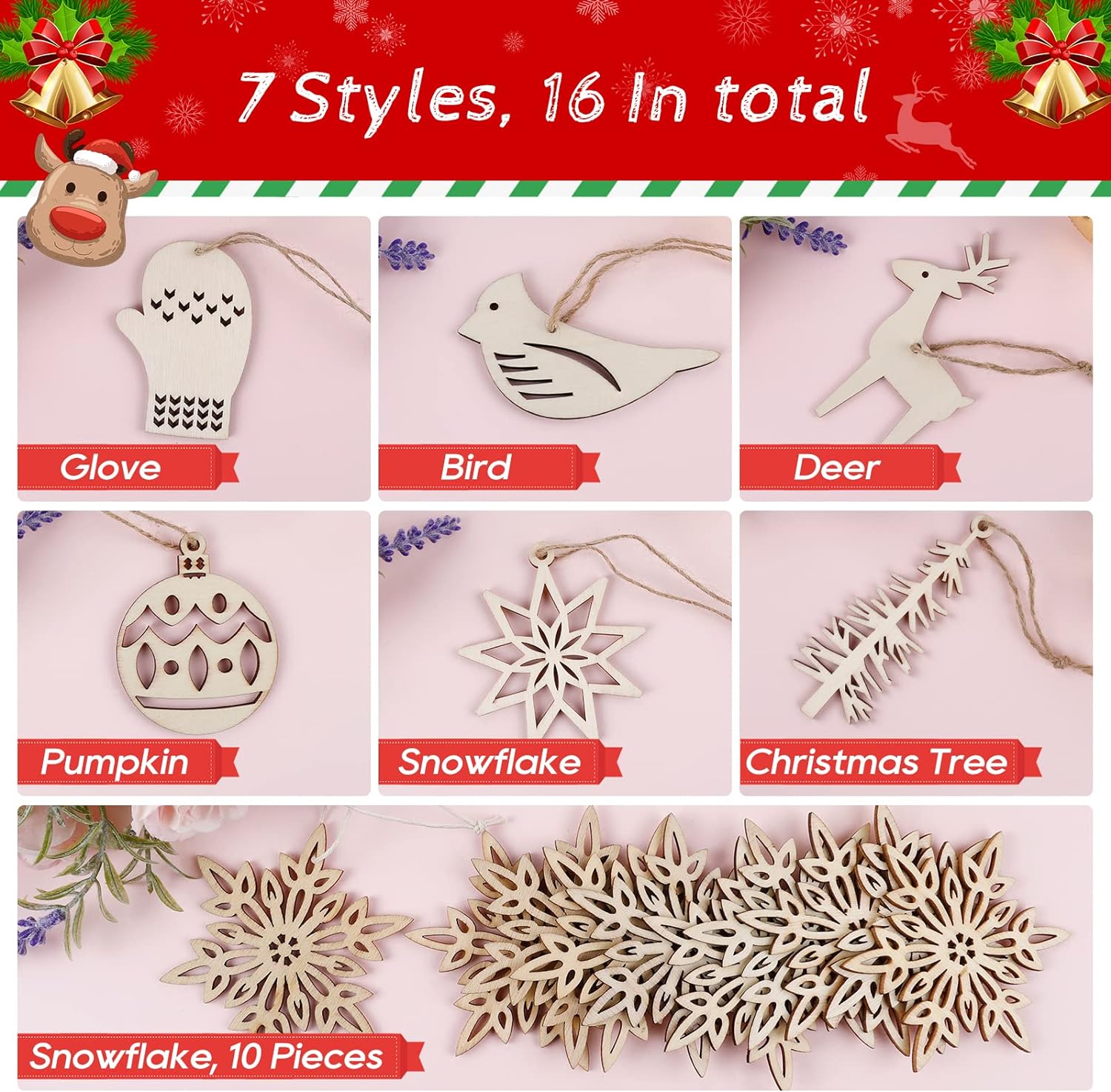 Wooden Christmas Ornaments for Craft, Xmas Tree Hanging Tags Pendant Embellishments Crafts Decor for Christmas Tree Holiday Decorations Wedding Day Gift, Pack of 16