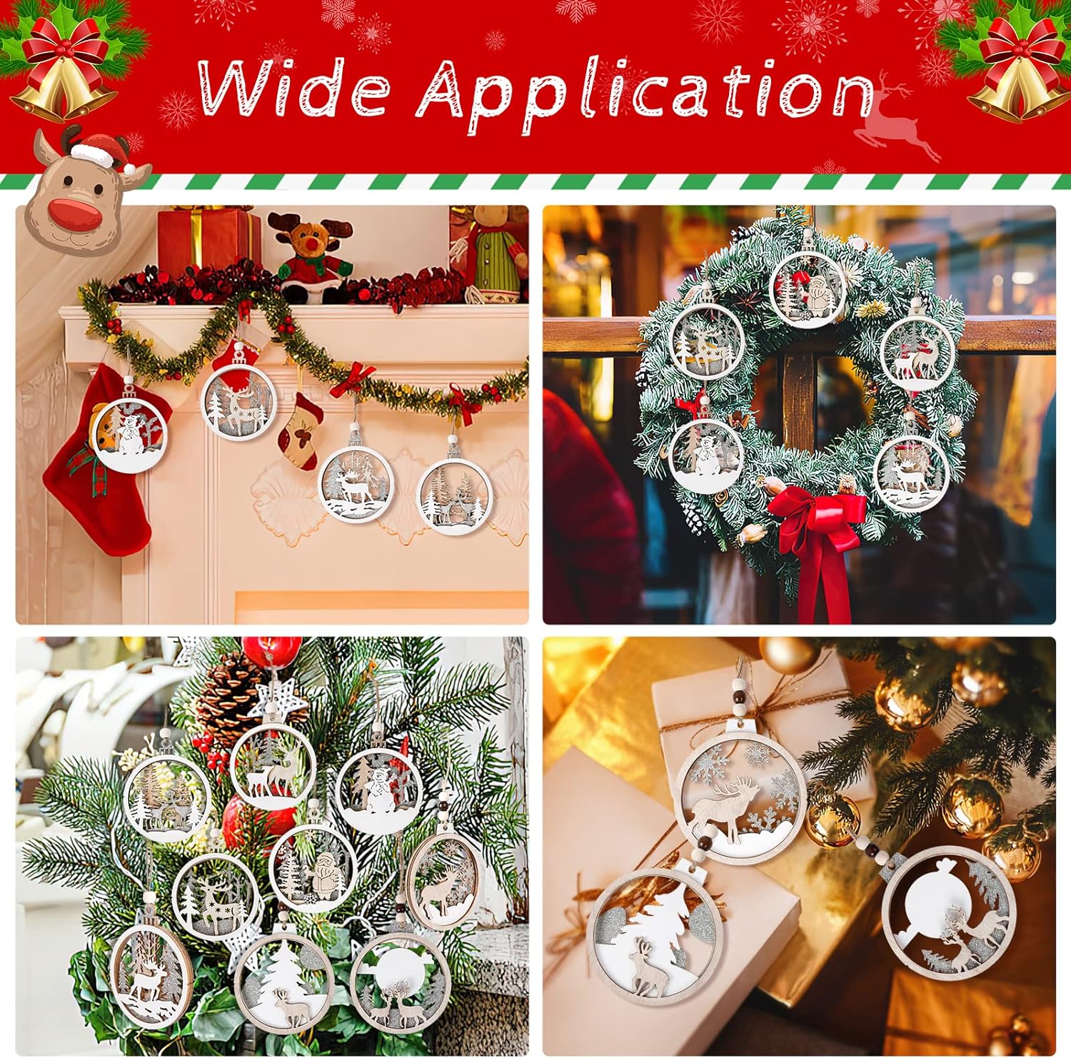 Wooden Christmas Ornaments, Christmas Tree Hanging Decoration Wooden Cutouts, Paintable Hanging Home Holiday Christmas Ornaments with String, 9 Styles (Round Christmas Ornaments)