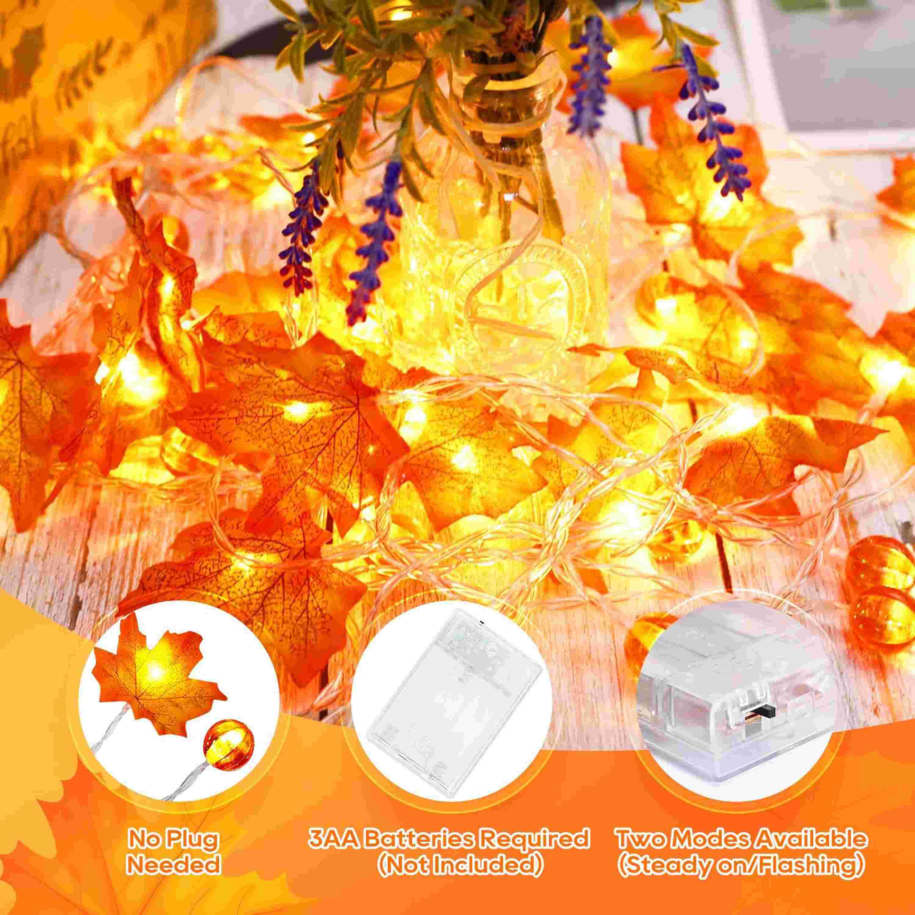 Thanksgiving String Lights 30FT 60LED Pumpkin Maple Leaf String Lights Battery Operated
