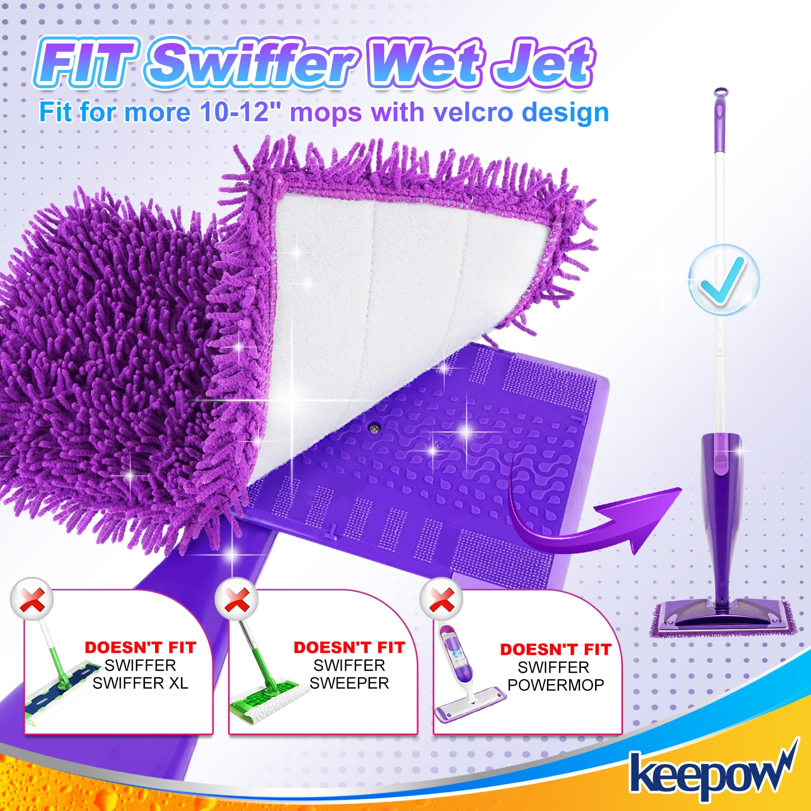 KEEPOW Reusable Pads Refills Heavy Duty for Swiffer Wet Jet, Microfiber Washable Mopping Pads 4 packs