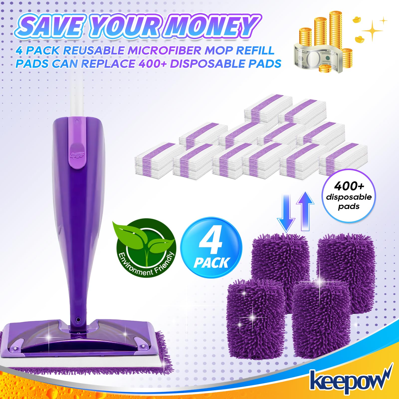 KEEPOW Reusable Pads Refills Heavy Duty for Swiffer Wet Jet, Microfiber Washable Mopping Pads 4 packs