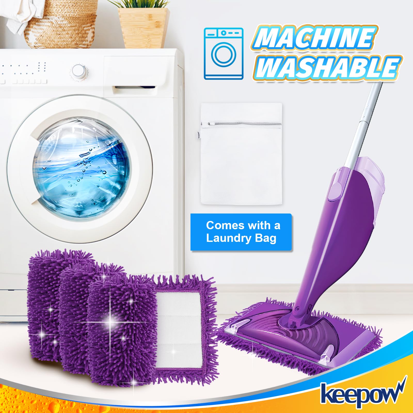 KEEPOW Reusable Pads Refills Heavy Duty for Swiffer Wet Jet, Microfiber Washable Mopping Pads 4 packs