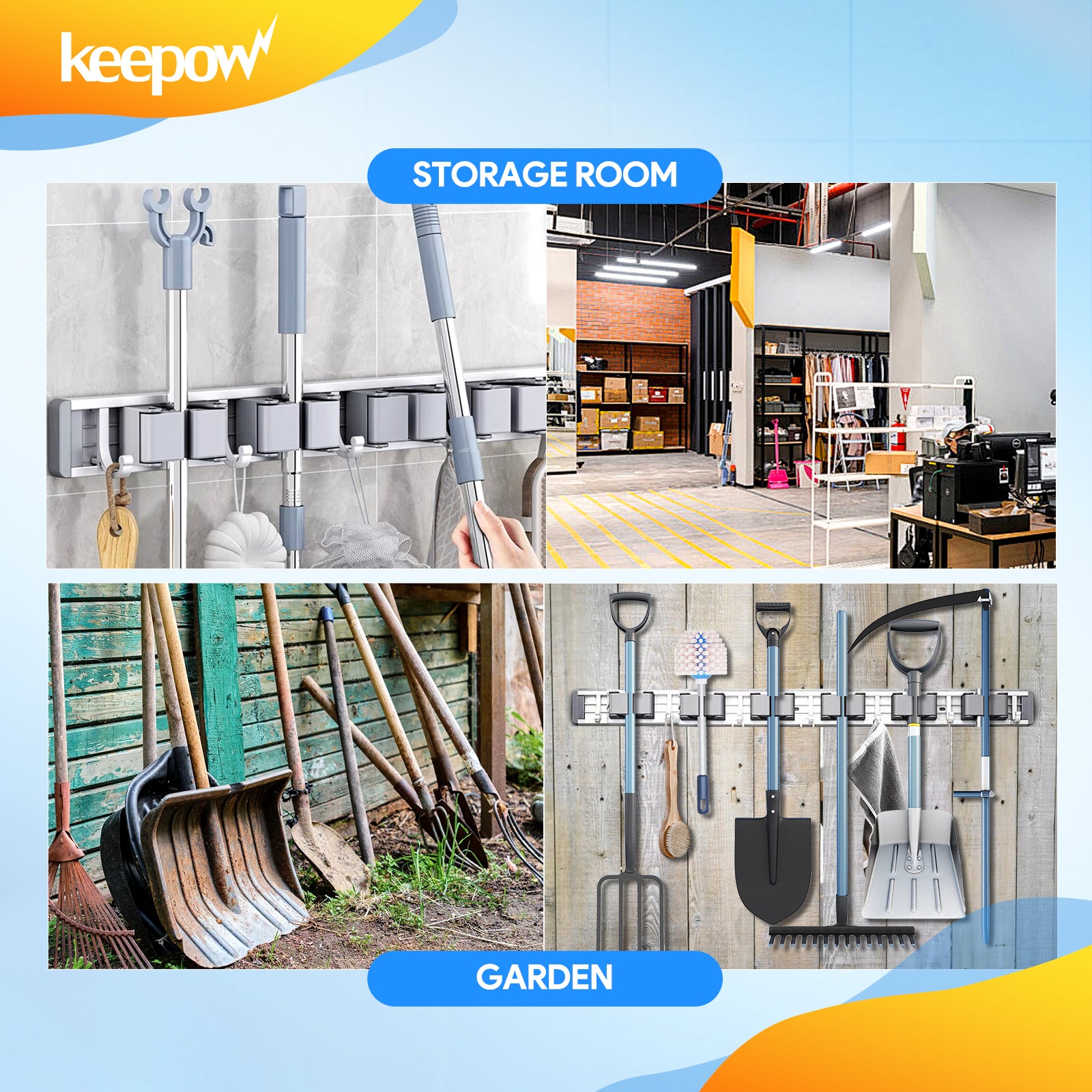 Keepow Broom Mop Metal Holder Wall Hook(6 Racks with 7 Hooks, Silver)