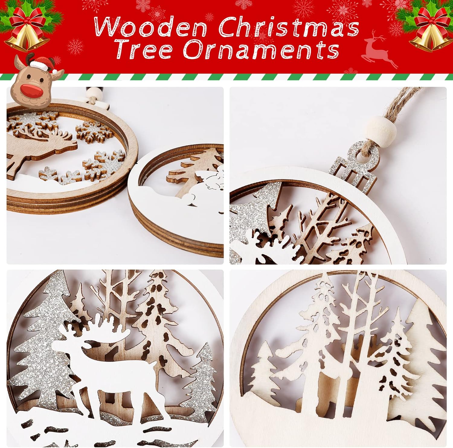 Wooden Christmas Ornaments, Christmas Tree Hanging Decoration Wooden Cutouts, Paintable Hanging Home Holiday Christmas Ornaments with String, 9 Styles (Round Christmas Ornaments)