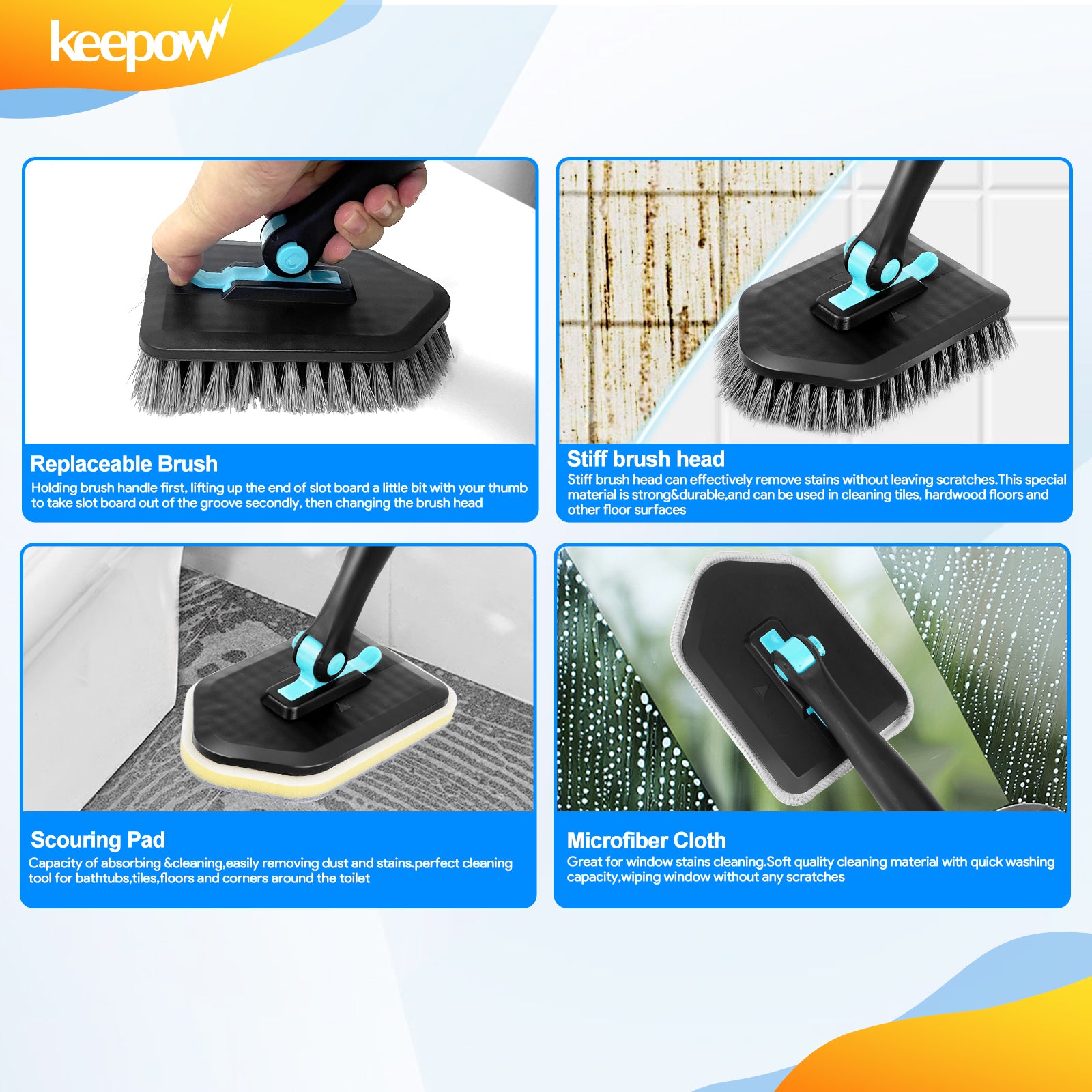 keepow 3in1 180 degree rotating multifunctional household long handle cleaning brush