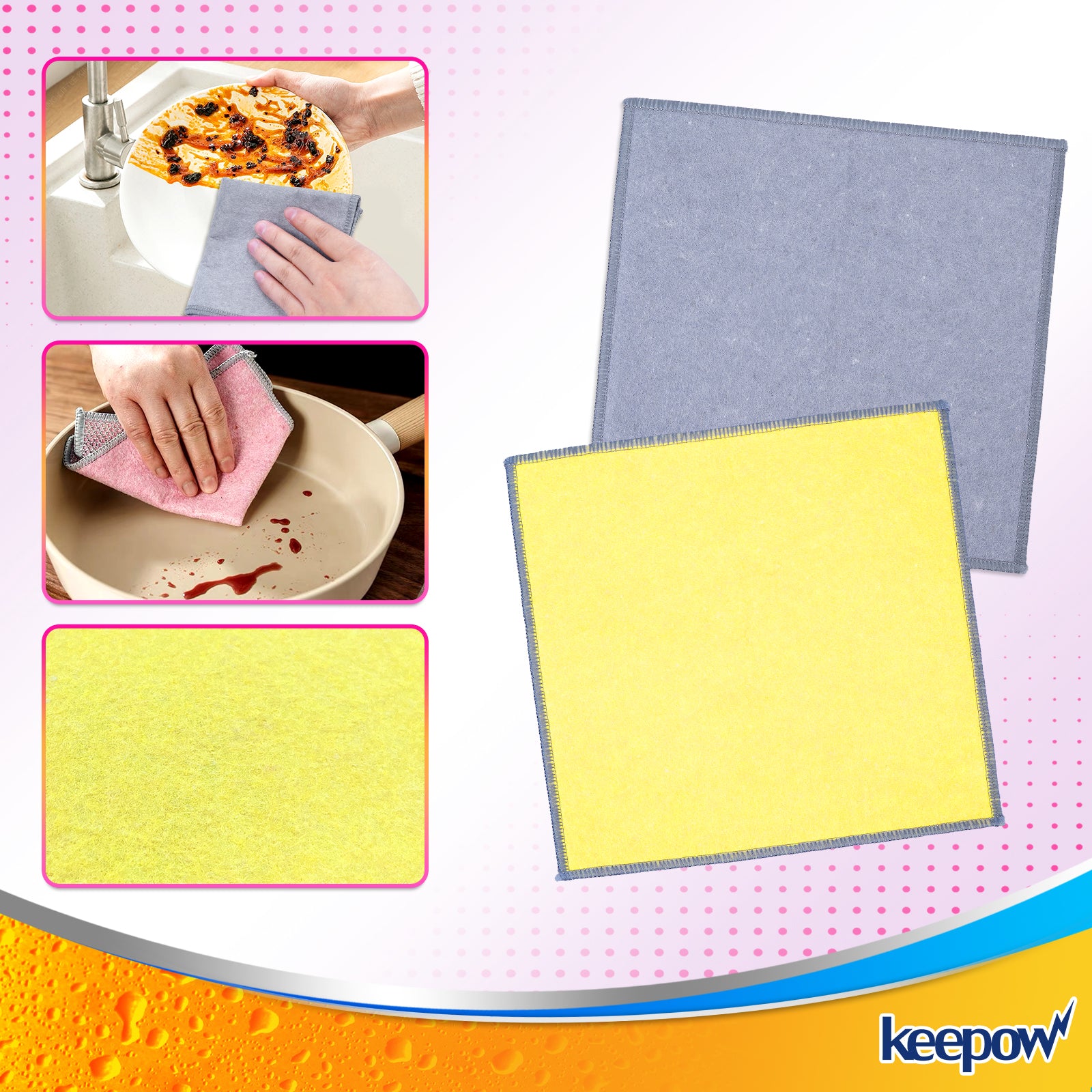 Keepow Double Layer Coconut Shell Silver Wire Mesh Knit Cleaning Cloth (4 pink + 4 gray + 4 yellow) 25*25cm