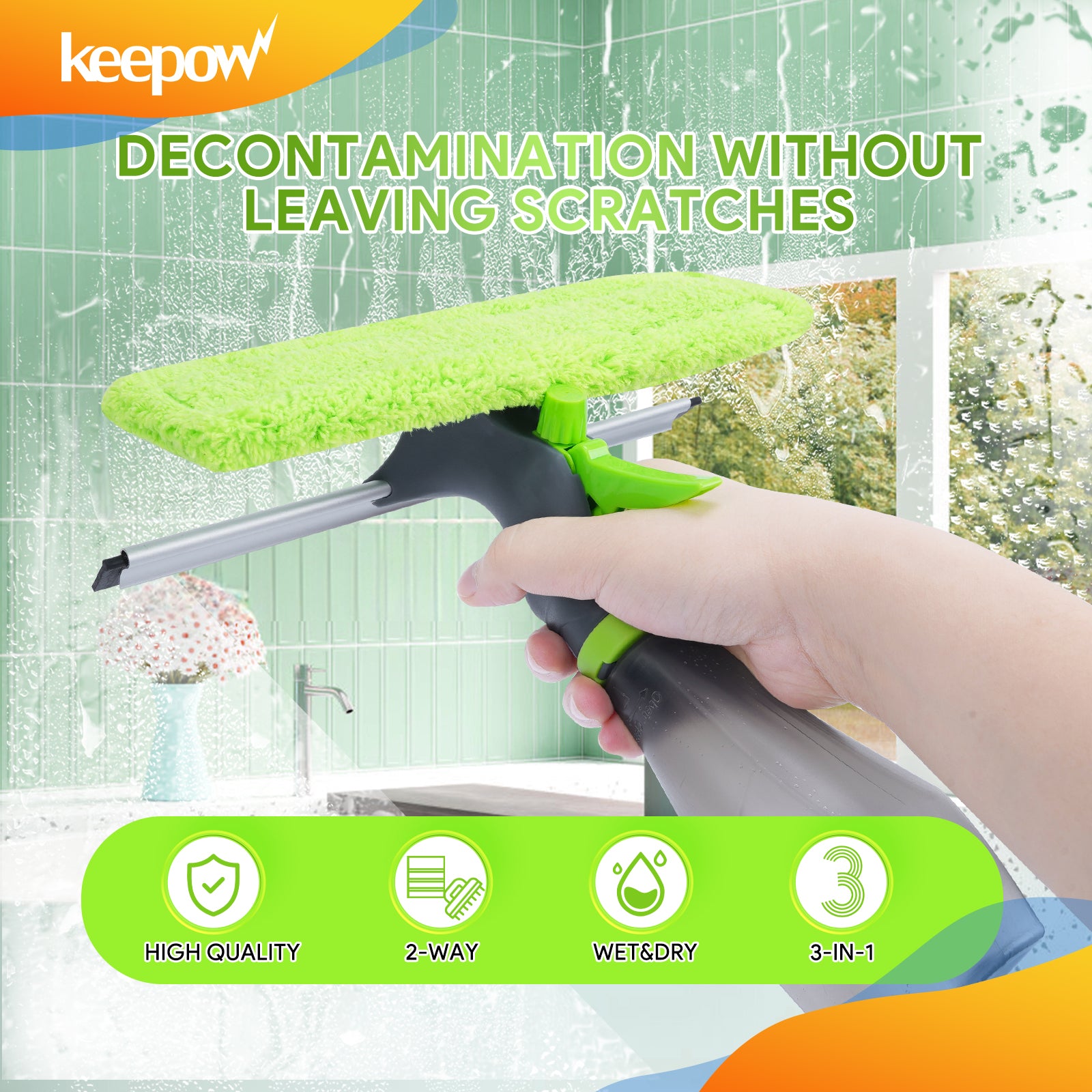 KEEPOW Multifunction Window Cleaner Tool Kit with Spray Bottle, Squeegee, and Microfiber Washer Head