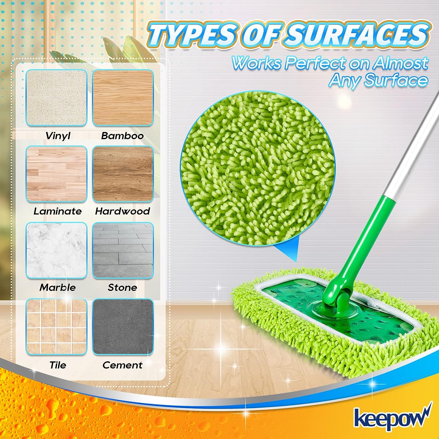 KEEPOW 5701M Panni riutilizzabili per mop, panni per pavimenti asciutti per Swiffer Sweeper Mop 3+3 pezzi(bianco + verde)