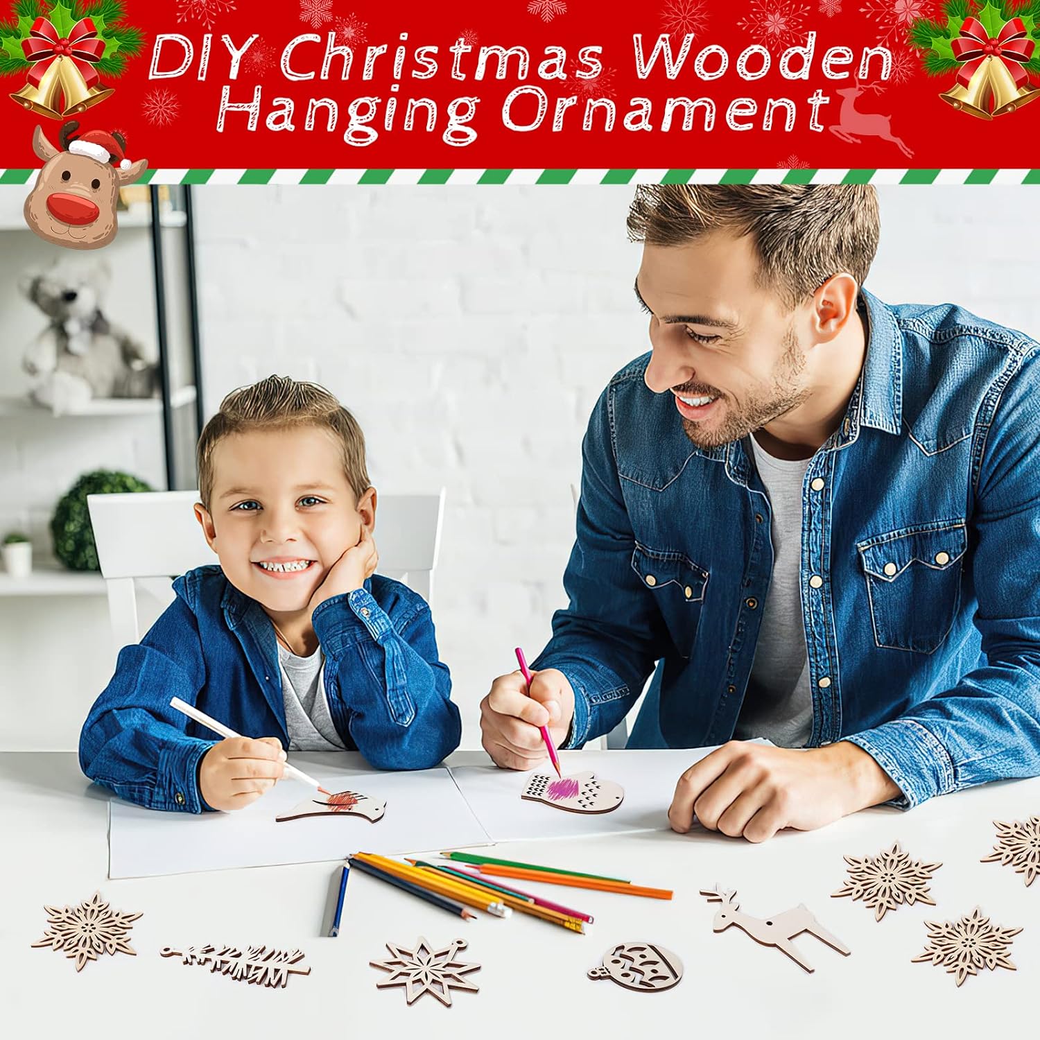 Wooden Christmas Ornaments for Craft, Xmas Tree Hanging Tags Pendant Embellishments Crafts Decor for Christmas Tree Holiday Decorations Wedding Day Gift, Pack of 16