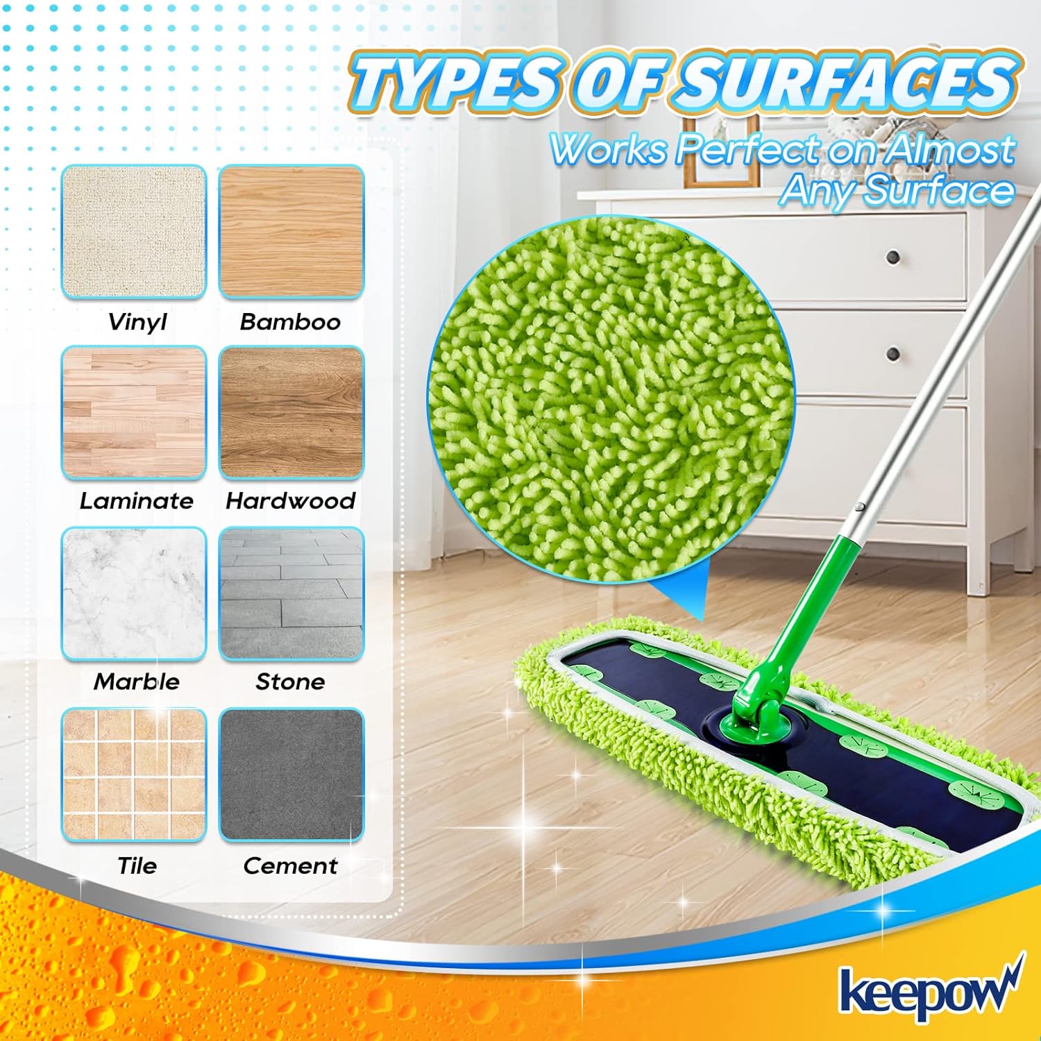 KEEPOW 5702M Reusable XL Wet Pads Refills for Swiffer XL Mop Sweeper, X-Large Dry-Sweeping/Wet-Mopping Microfiber Cloths, 2 Pack