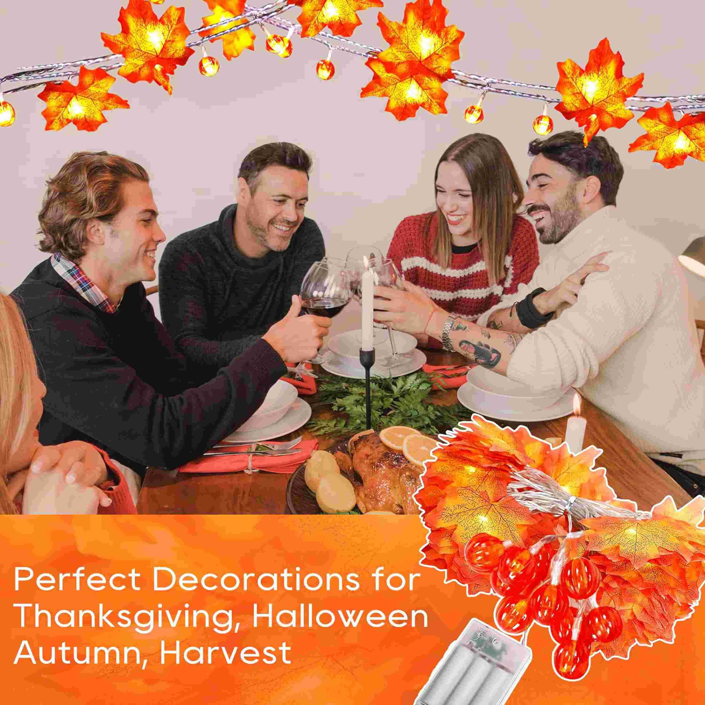 Thanksgiving String Lights 30FT 60LED Pumpkin Maple Leaf String Lights Battery Operated