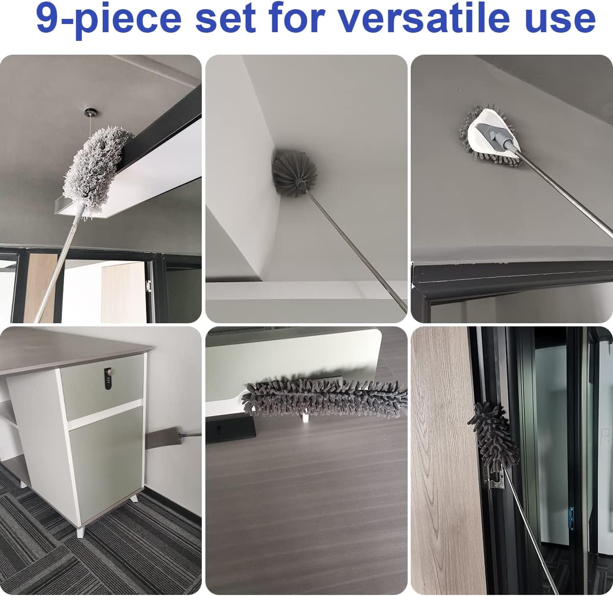 KEEPOW Microfiber Duster Set With Extension Pole, Stainless Steel Extension Pole 85.5 to 256 cm