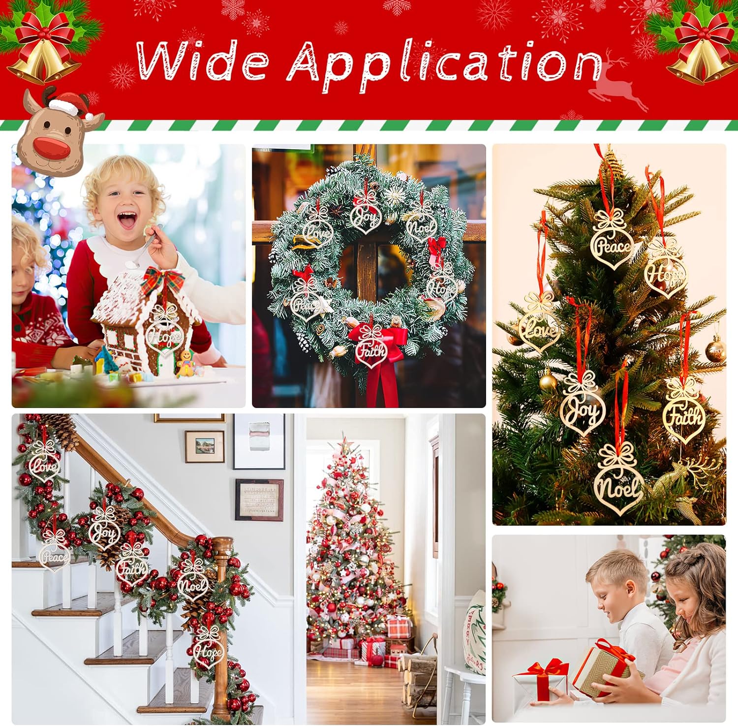 Wooden Christmas Ornaments Xmas Tree Hanging Tags Pendant Embellishments Crafts Decor for Christmas Tree Holiday Wedding Decorations with Strings, Pack of 12