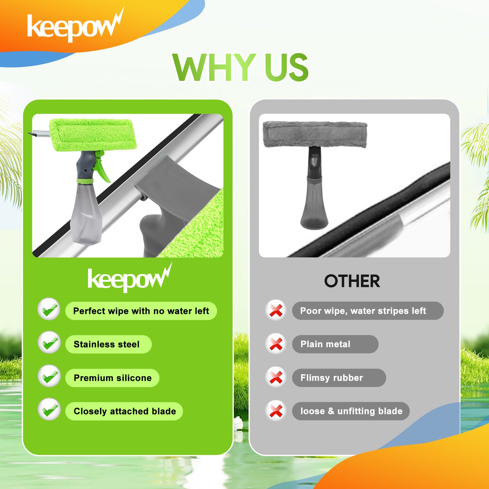 KEEPOW Multifunction Window Cleaner Tool Kit with Spray Bottle, Squeegee, and Microfiber Washer Head