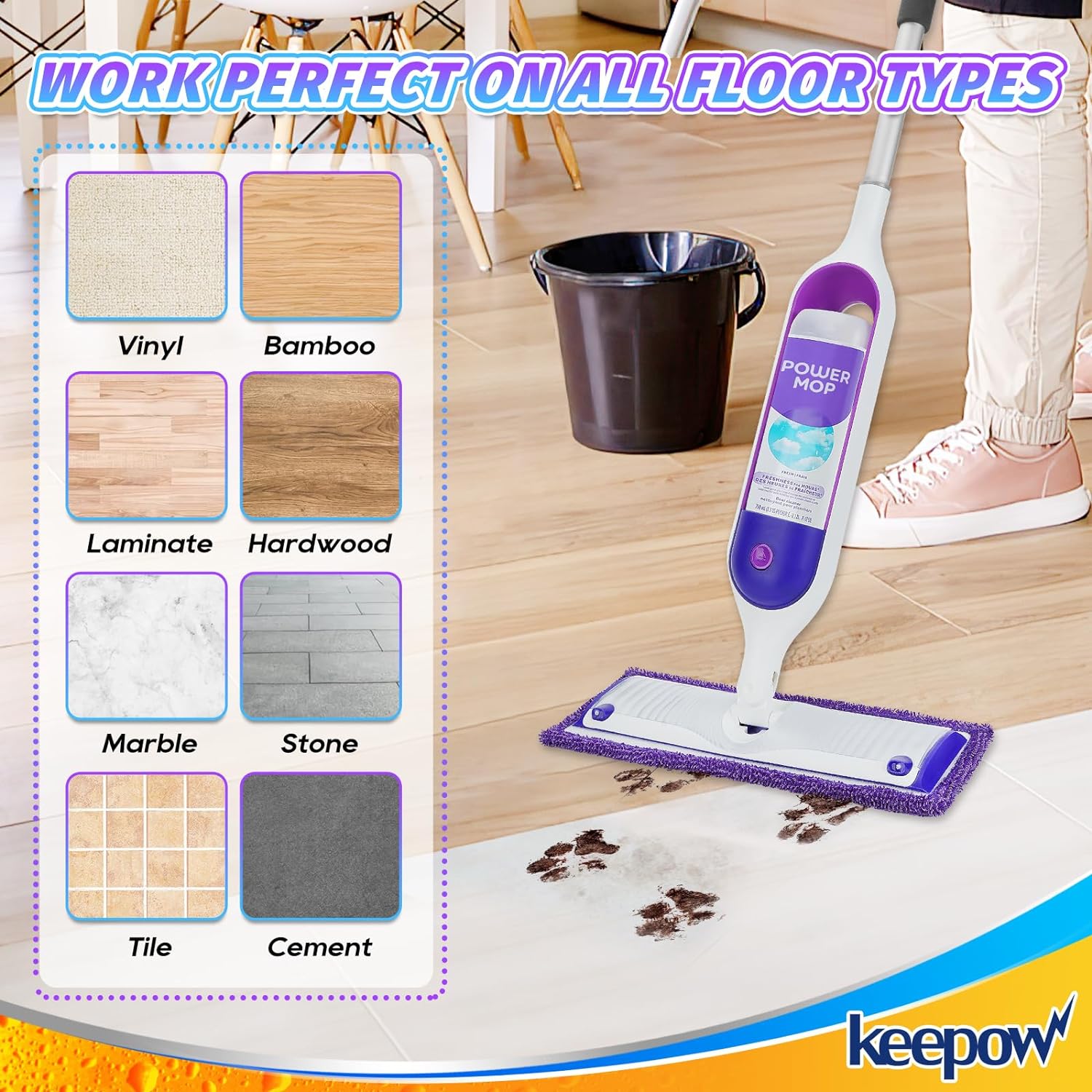 KEEPOW 5705M Reusable Pads for Swiffer Power Mop, Refill Pads for Swiffer Power Mop Wood Floor Cleaning, Microfiber Mop Pads for Hardwood Floors (6 Pack)