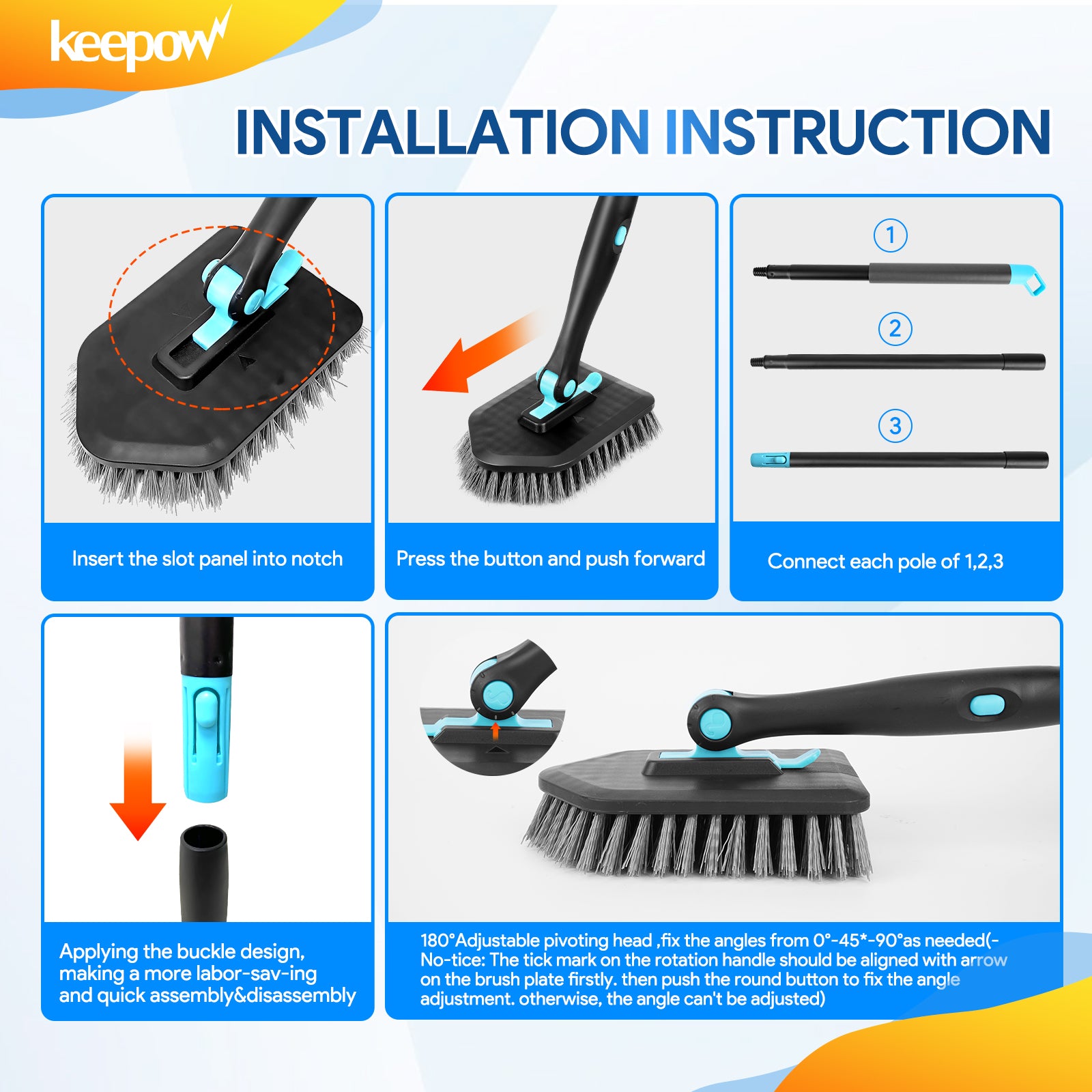 keepow 3in1 180 degree rotating multifunctional household long handle cleaning brush