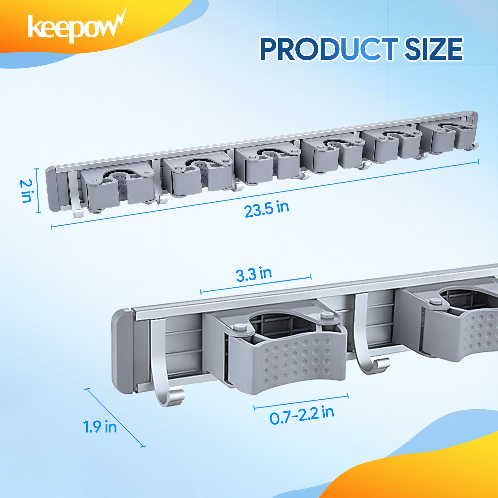 Keepow Broom Mop Metal Holder Wall Hook(6 Racks with 7 Hooks, Silver)
